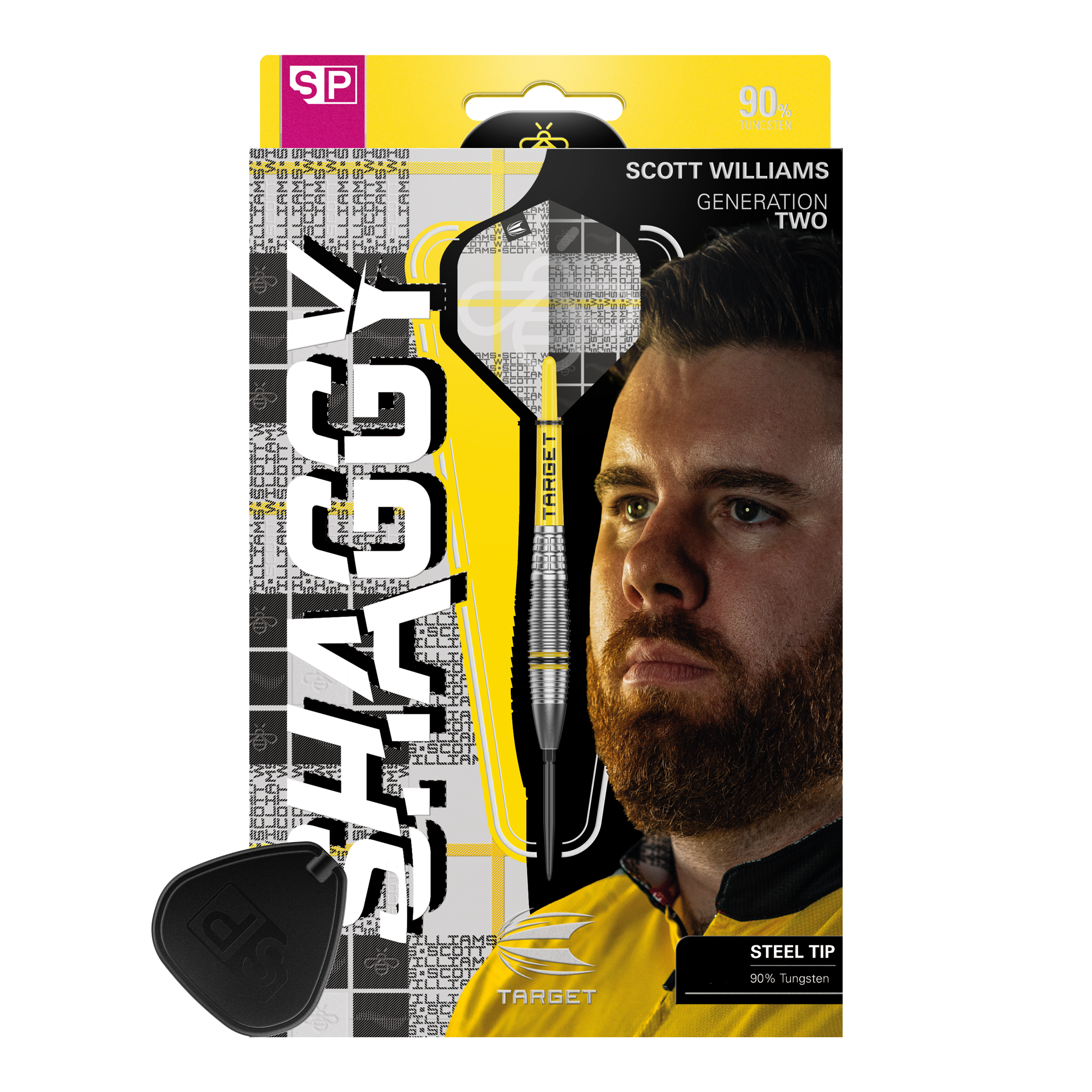 Target Scott Williams GEN2 Swiss Point Steeldarts Das Bild zeigt die Verpackung der Target Scott Williams GEN2 Swiss Point Steeldarts. Auf der Verpackung ist ein Porträt von Scott Williams und ein einzelner Dart mit Stahlspitze abgebildet.