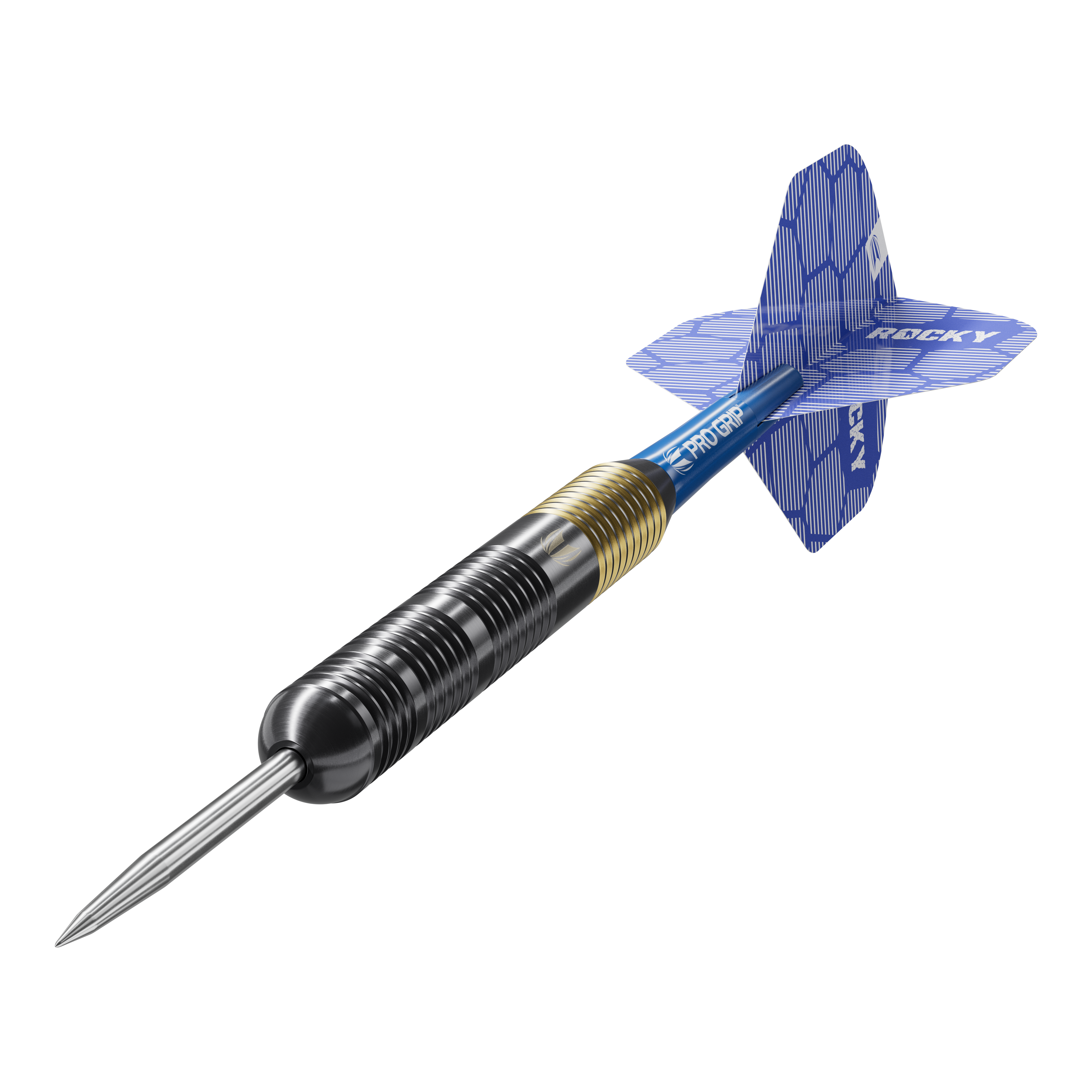 Lotki Target Josh Rock Brass Steel Darts - 22g Das Bild zeigt einen Target Josh Rock Brass Steeldart mit einem Gewicht von 22g. Der Dart hat eine messingfarbene und schwarze Spitze sowie blaue Flights mit der Aufschrift "ROCKY".