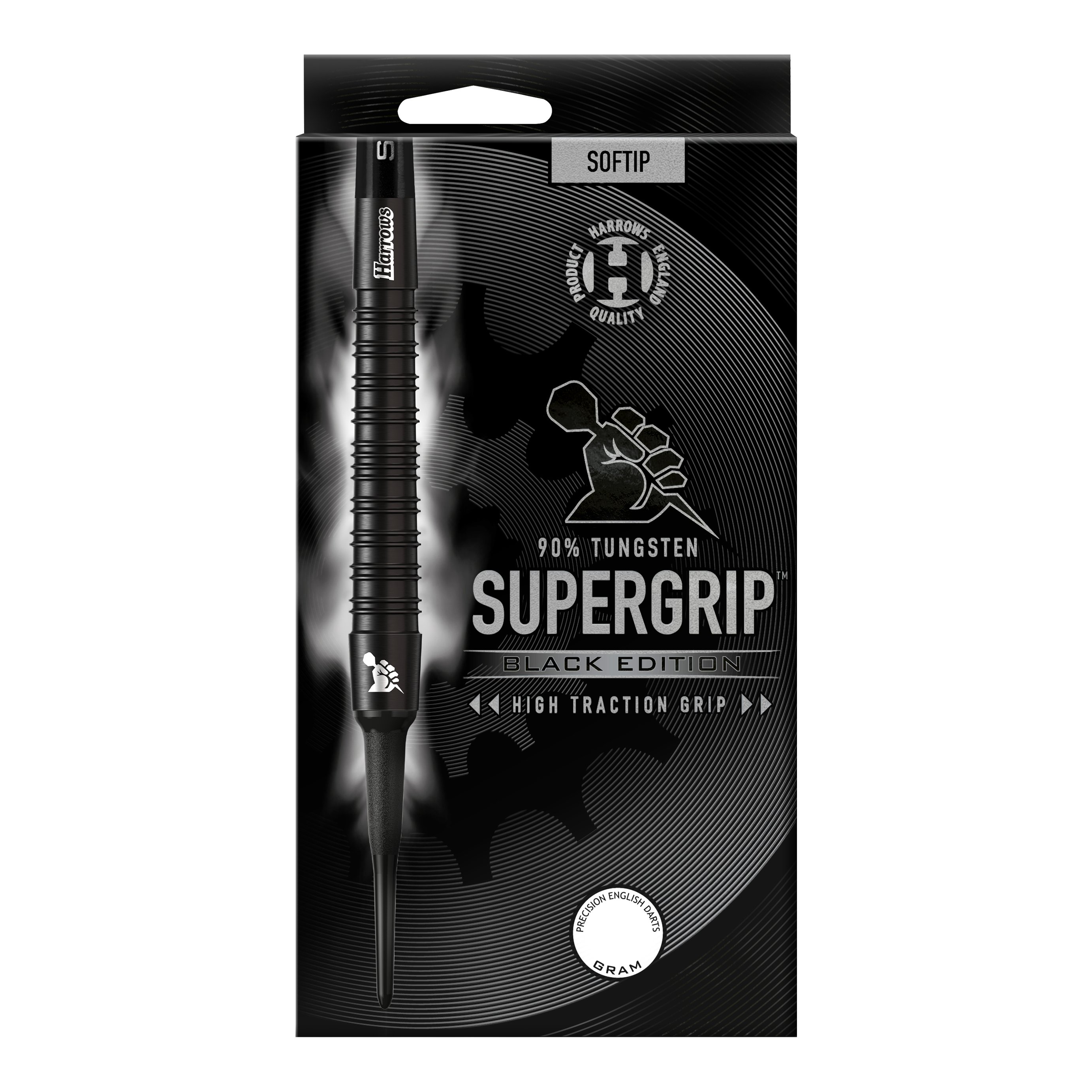 Miękkie lotki Harrows Supergrip Black Edition Das Bild zeigt die Verpackung der "Harrows Supergrip Black-Edition Softdarts". Die Darts bestehen zu 90 % aus Tungsten und haben eine hohe Griffigkeit.