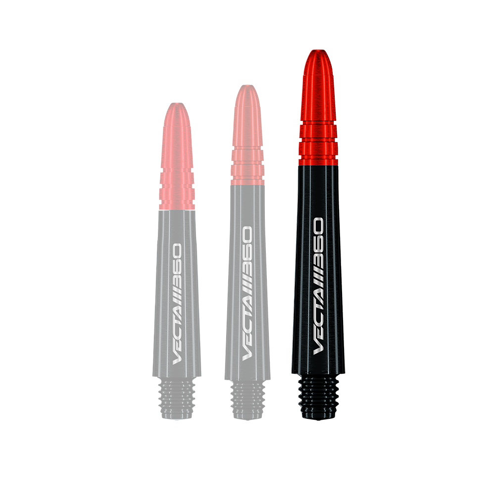 Dargestellt ist ein einzelner Winmau Vecta Blade360 Shaft in Schwarz mit 40 mm Länge. Die Aufnahme ist vor hellem Hintergrund gemacht.