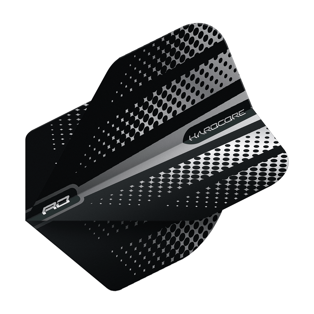 TF6507_Red_Dragon_Hardcore_Radical_Black_Flash_Standard_Flights_2 Das Bild zeigt ein schwarzes Dart-Flight mit silbernen und grauen Punktmustern. Auf dem Flight stehen die Wörter "HARDCORE" und "RD".