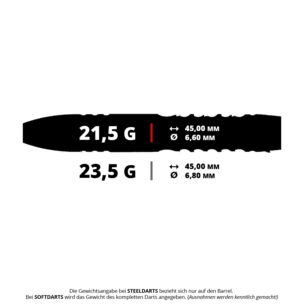 Stalowe lotki Caliburn Player MAK Ein Bild mit dem Dateinamen CB9305_Caliburn_Player_MAK_Steeldarts_5_215g. Es zeigt vermutlich das Produkt Caliburn Player MAK Steeldarts mit einem Gewicht von 21,5g.