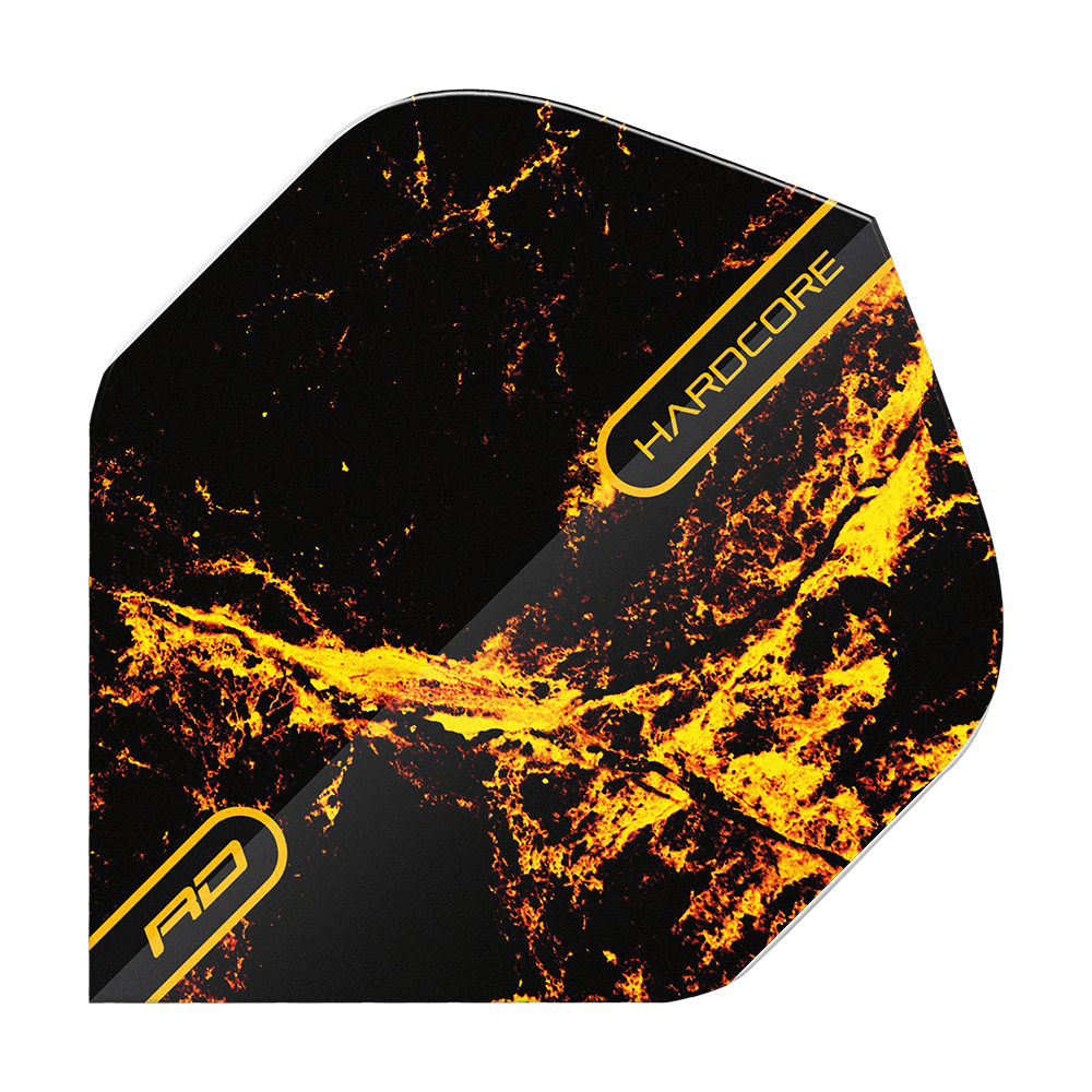 TF6634_Red_Dragon_Hardcore_Radical_Golden_Strike_Standard_Flights_105JHJ5uuayuoo Dieses Bild zeigt das Produkt "Red Dragon Hardcore Radical Golden Strike Standard Flights". Das Design ist überwiegend schwarz mit gold-gelben, feurigen Mustern und der Aufschrift "HARDCORE".