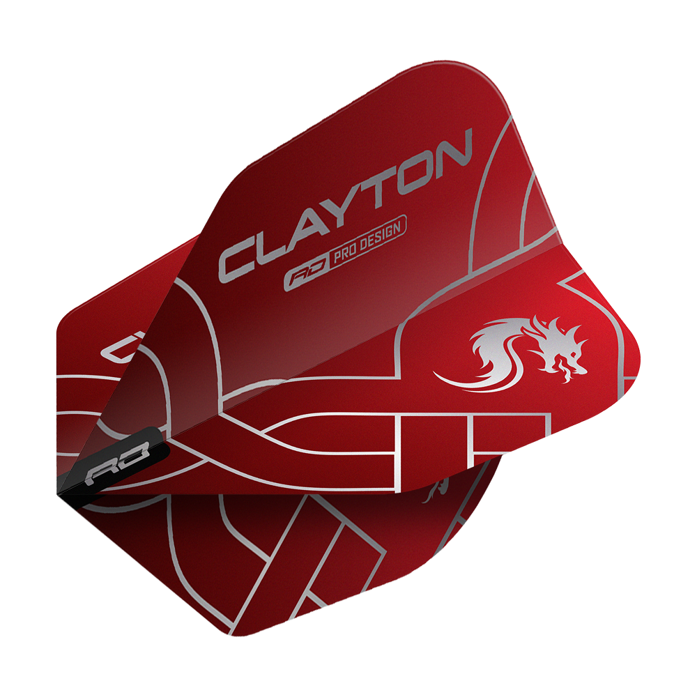 Das Bild zeigt die roten und silbernen Jonny Clayton Red Dragon Flights, Modell No6. Auf den Flights steht "CLAYTON" und ein stilisierter Drache ist abgebildet.