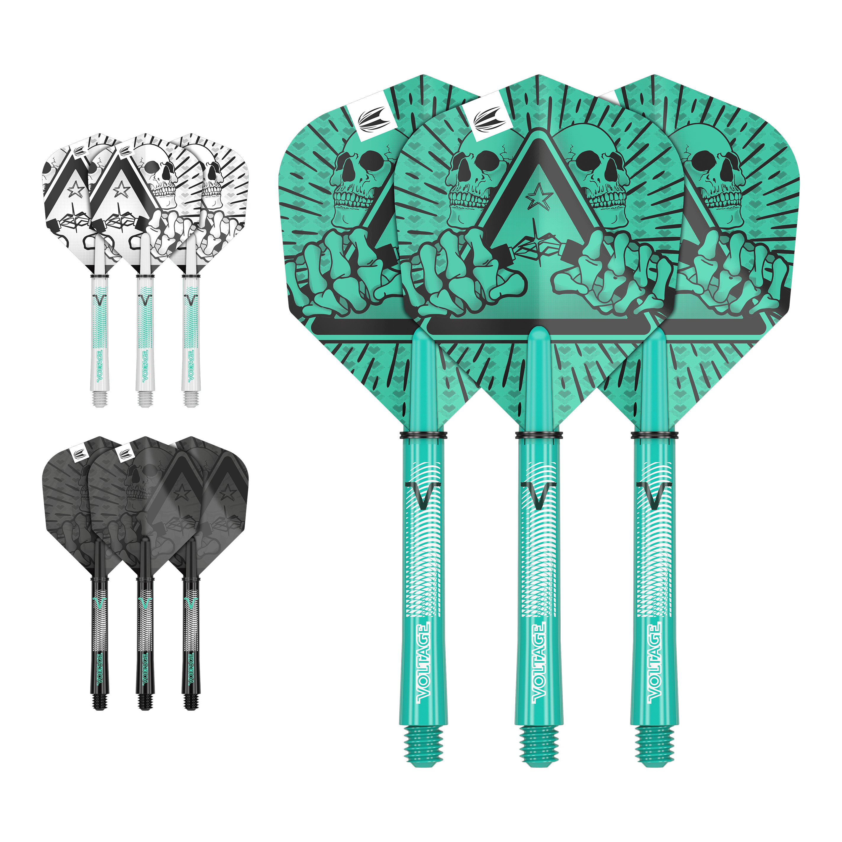 Zestaw wałów lotniczych Target Ink Rob Cross Das Bild zeigt drei Sätze von Dartflights und -schäften in unterschiedlichen Farben und Designs. Die größten Flights haben ein auffälliges grünes Motiv mit einem Totenkopf und einer Hand.
