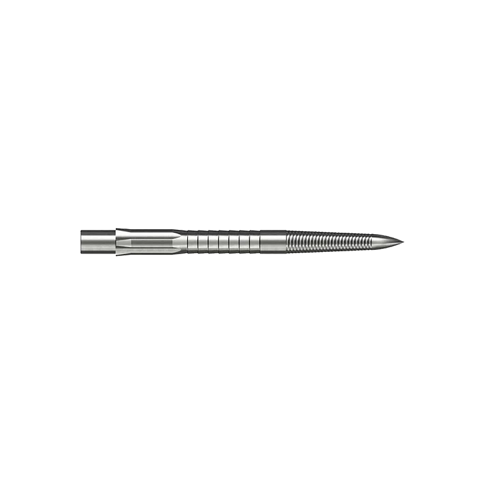 Stalowe końcówki do lotek Caliburn System - Micro Grip - srebrne Das Bild zeigt eine silberne Steeldartspitze mit feinem Mikrorillen-Grip. Die Spitze ist gerade und hat eine Länge von 28 mm.