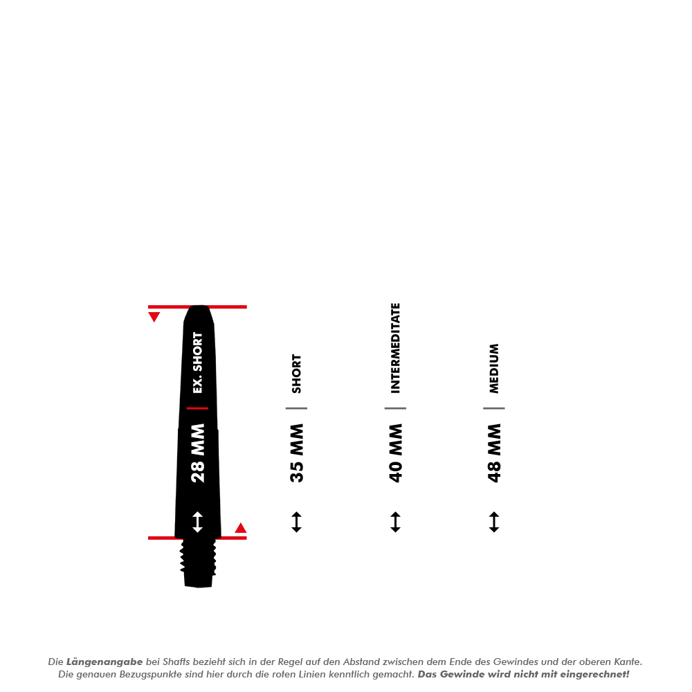 565_Nylon_Shafts_5_28mmNBDLW8tLcqBlw Das Bild zeigt verschiedene Längen von Nylon Shafts in der Farbe Schneeweiß. Die Längen sind mit 28 mm (Ex-Short), 35 mm (Short), 40 mm (Intermediate) und 48 mm (Medium) angegeben.