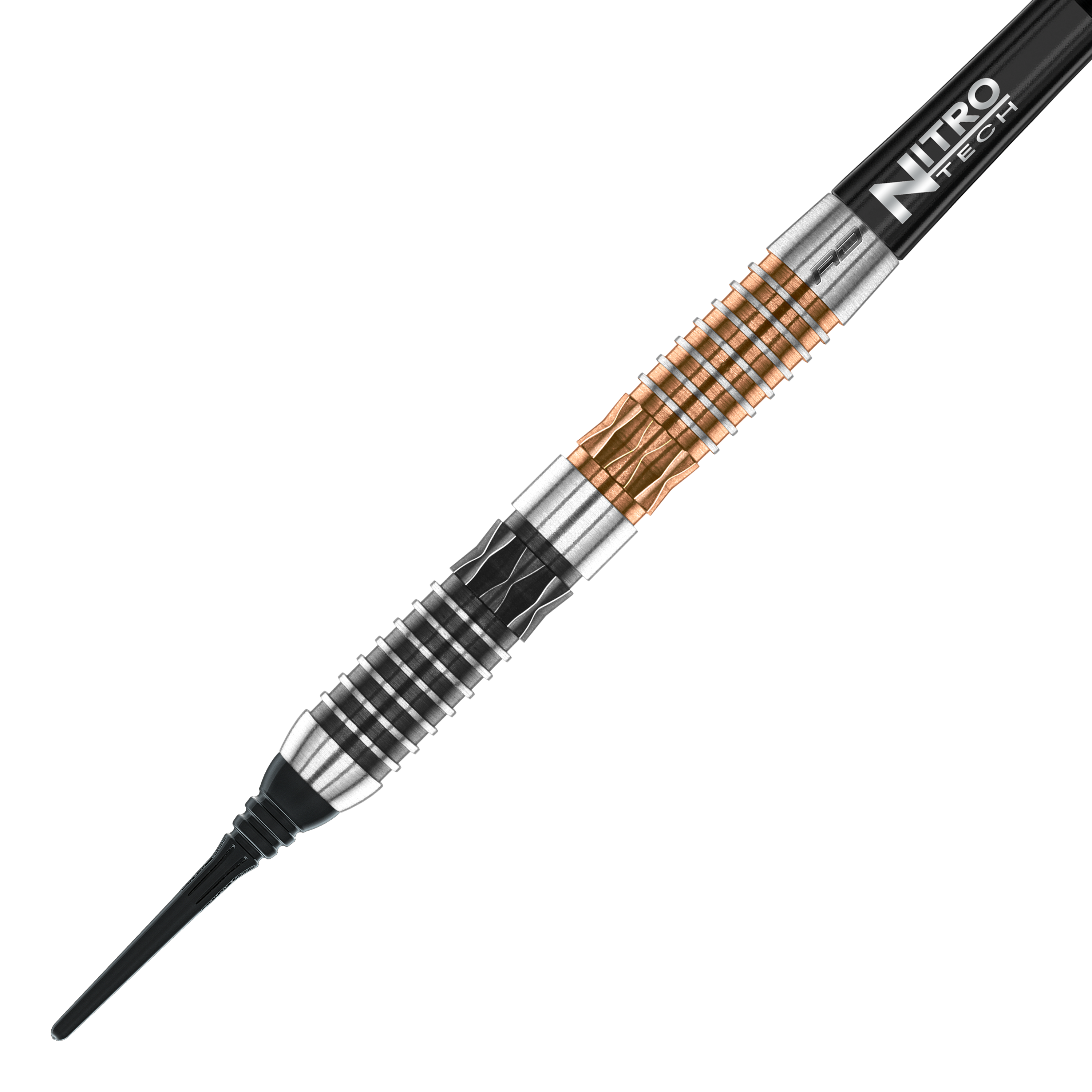 Miękkie lotki Red Dragon Panterra - 20g Das Bild zeigt einen Red Dragon Panterra Softdart mit einem Gewicht von 20g. Der Dartpfeil hat ein auffälliges Design mit schwarzen, silbernen und bronzefarbenen Elementen.