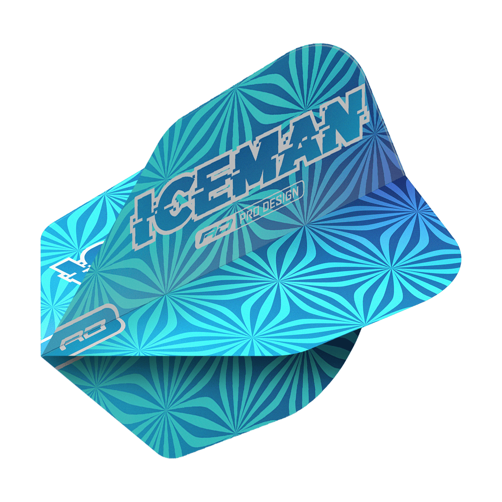 Red Dragon Gerwyn Price Iceman Niebieski No6 Loty Das Bild zeigt ein blaues Dart-Flight mit geometrischem Muster und der Aufschrift "ICEMAN". Es handelt sich um das Produkt "Red Dragon Gerwyn Price Iceman Blue No6 Flights".