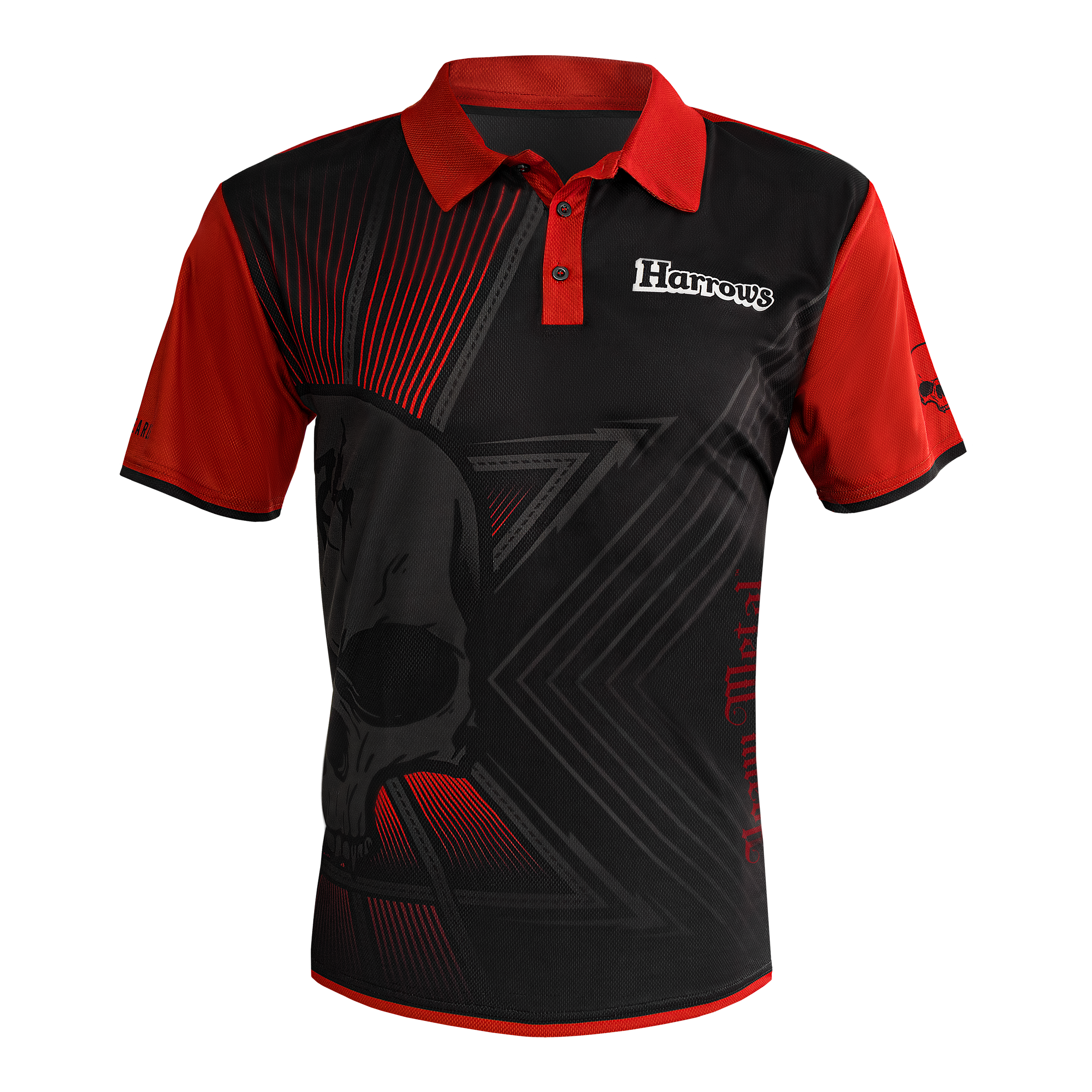 Koszulka Harrow's Ryan Searle Heavy Metal Darts Das Bild zeigt das Harrows Ryan Searle Heavy Metal Dartshirt. Das Shirt ist schwarz mit roten Ärmeln und auffälligen grafischen Elementen, darunter ein Totenkopf und das Harrows-Logo.