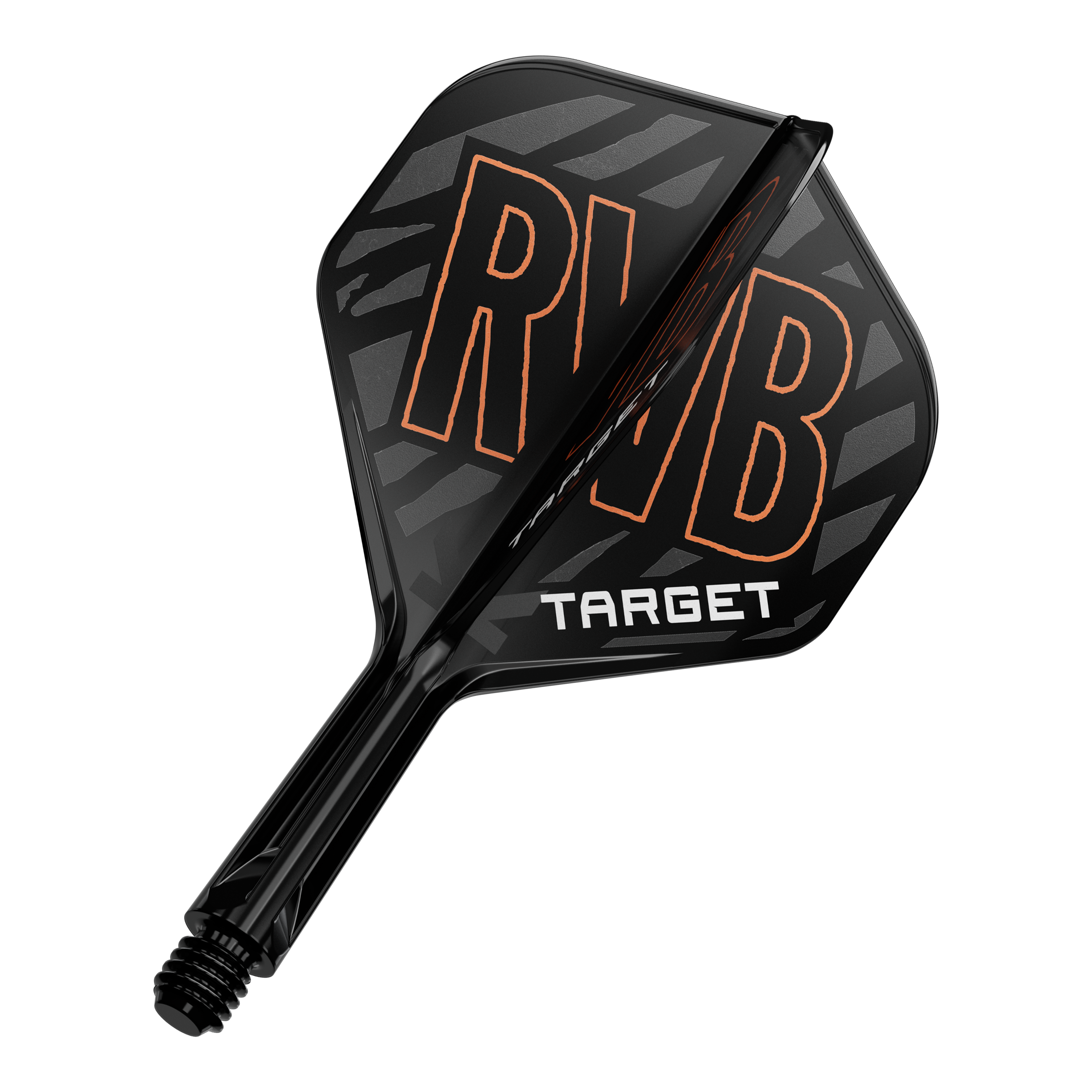 Target K-Flex Raymond Van Barneveld No2 Standardowy system wału napędowego Das Bild zeigt einen schwarzen Dartflight mit der Aufschrift "RVB" in orange. Darunter steht das Wort "TARGET" in weißen Buchstaben.