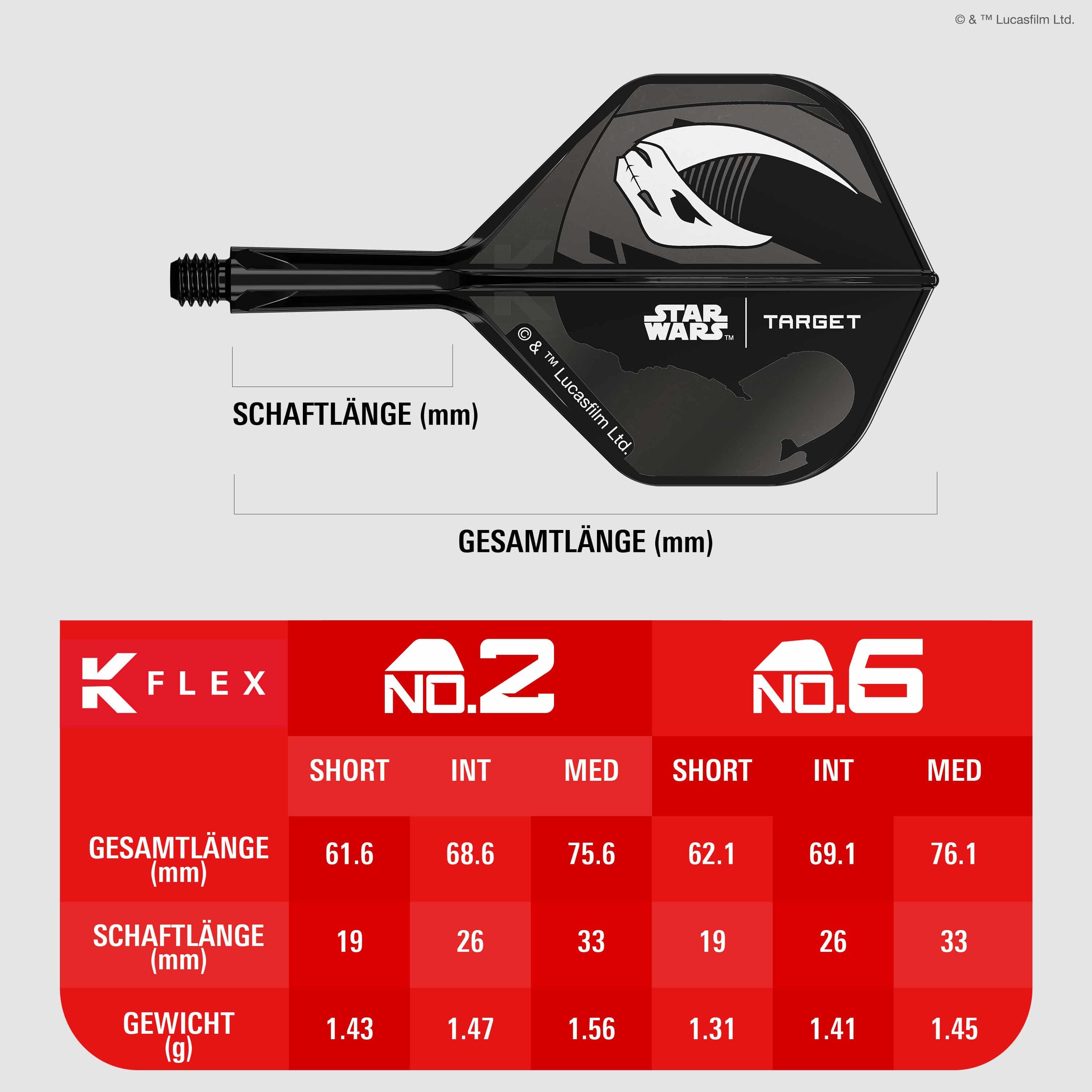 Zestaw Target Star Wars K-Flex Mandalorian No6 Flights Abgebildet ist das Target Star Wars K-Flex-Set Mandalorian No2 Standard Flights. Die Flights zeigen ein Design im Stil von Mandalorian aus Star Wars.