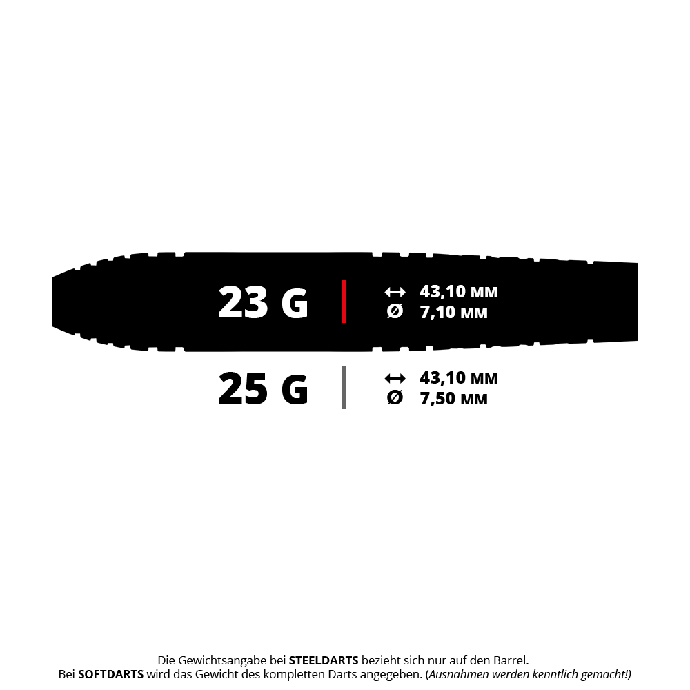 Ein Satz Steeldarts mit silbernen Spitzen und unterschiedlichen Griffmustern ist abgebildet. Es sind Red Dragon Luke Humphries TX5 Steeldarts mit einem Gewicht von 23g.