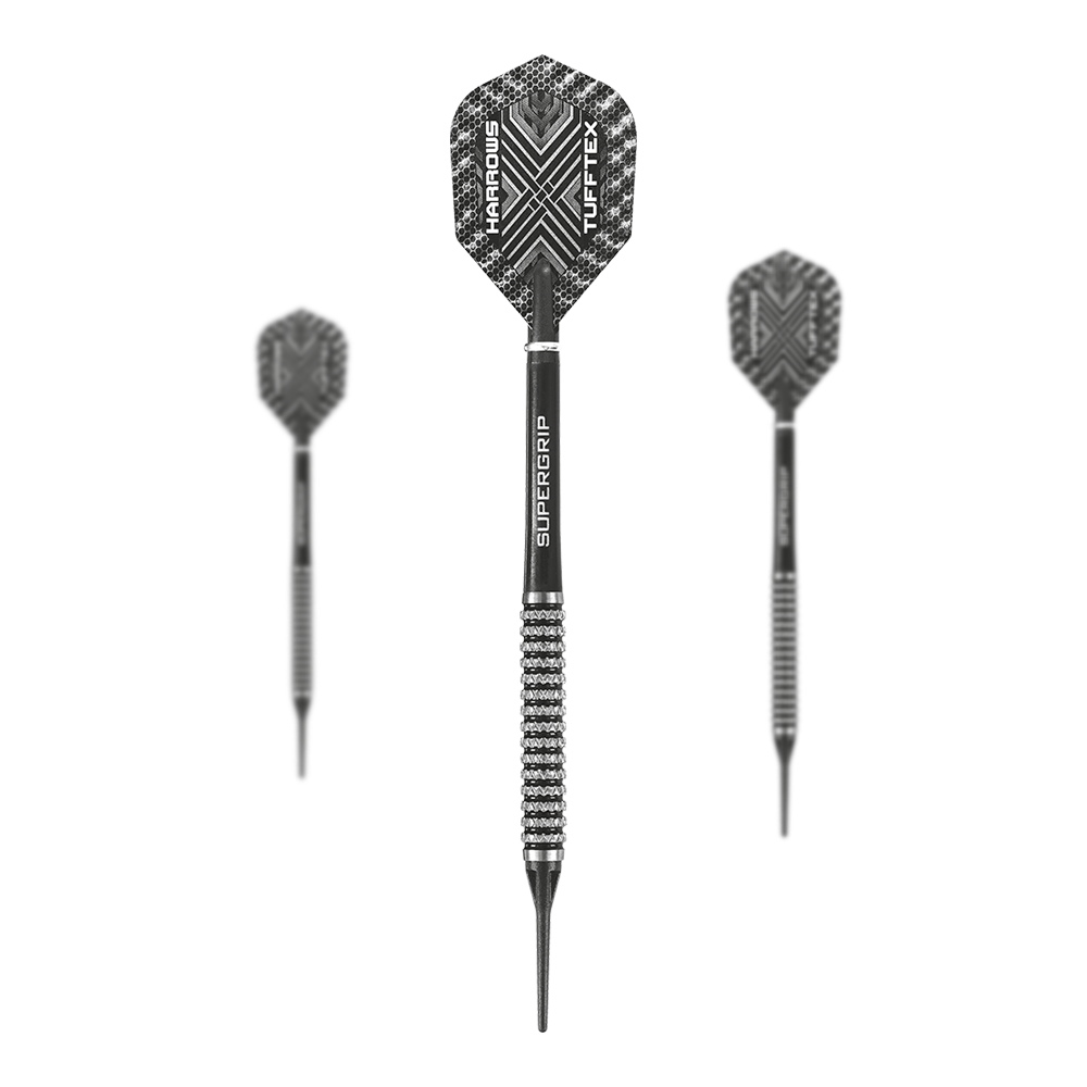 Miękkie lotki Harrows Nemesis Das Bild zeigt drei Harrows Nemesis Softdarts mit schwarzem und silbernem Design. Die Darts haben strukturierte Griffe und auffällige Flights mit dem Schriftzug "Harrows TUFFTEX".