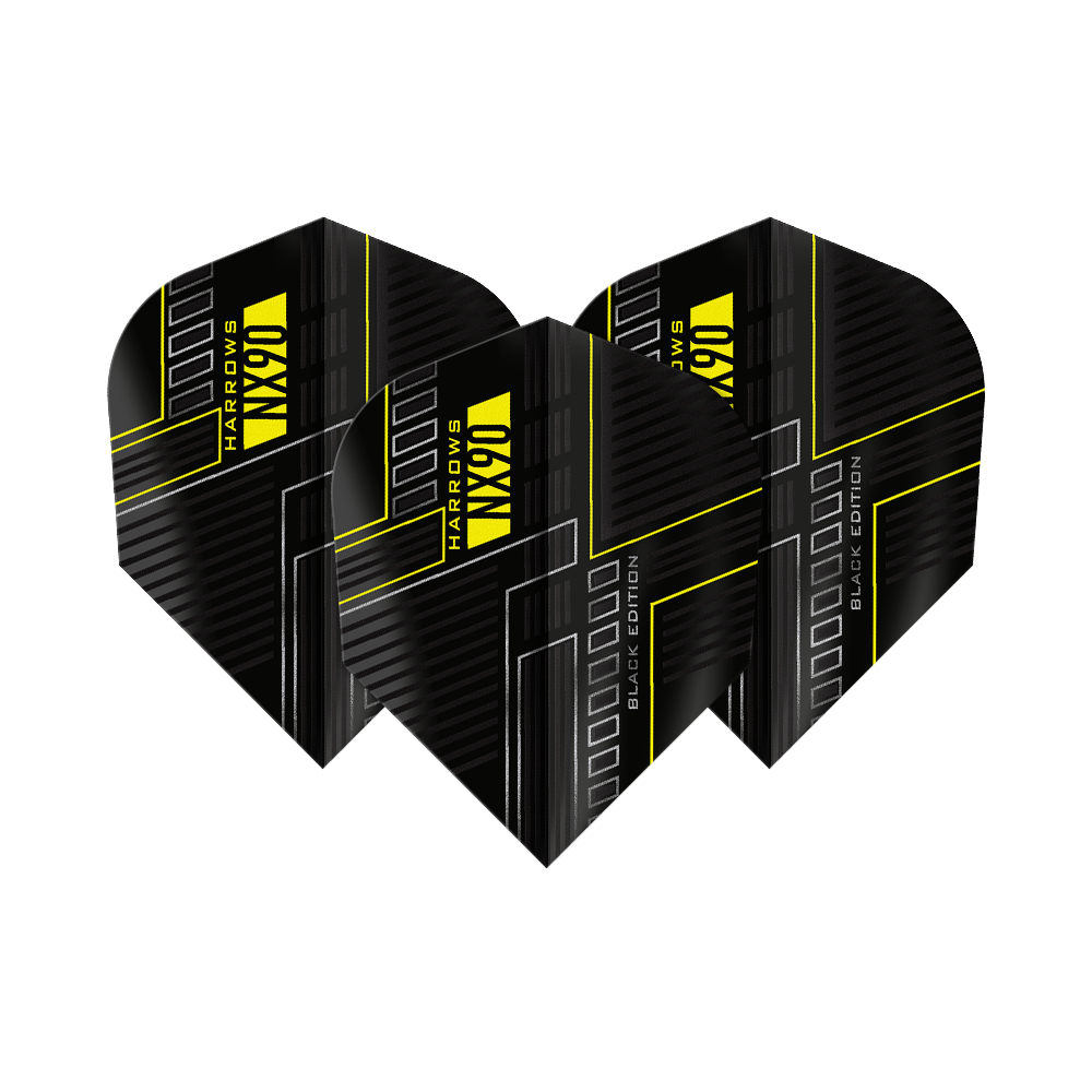 Harrows NX90 Black Edition No6 Flights Das Bild zeigt drei schwarze Dart-Flights mit dem Namen "Harrows NX90 Black-Edition No6". Die Flights haben ein modernes Design mit gelben Linien und Schriftzügen.