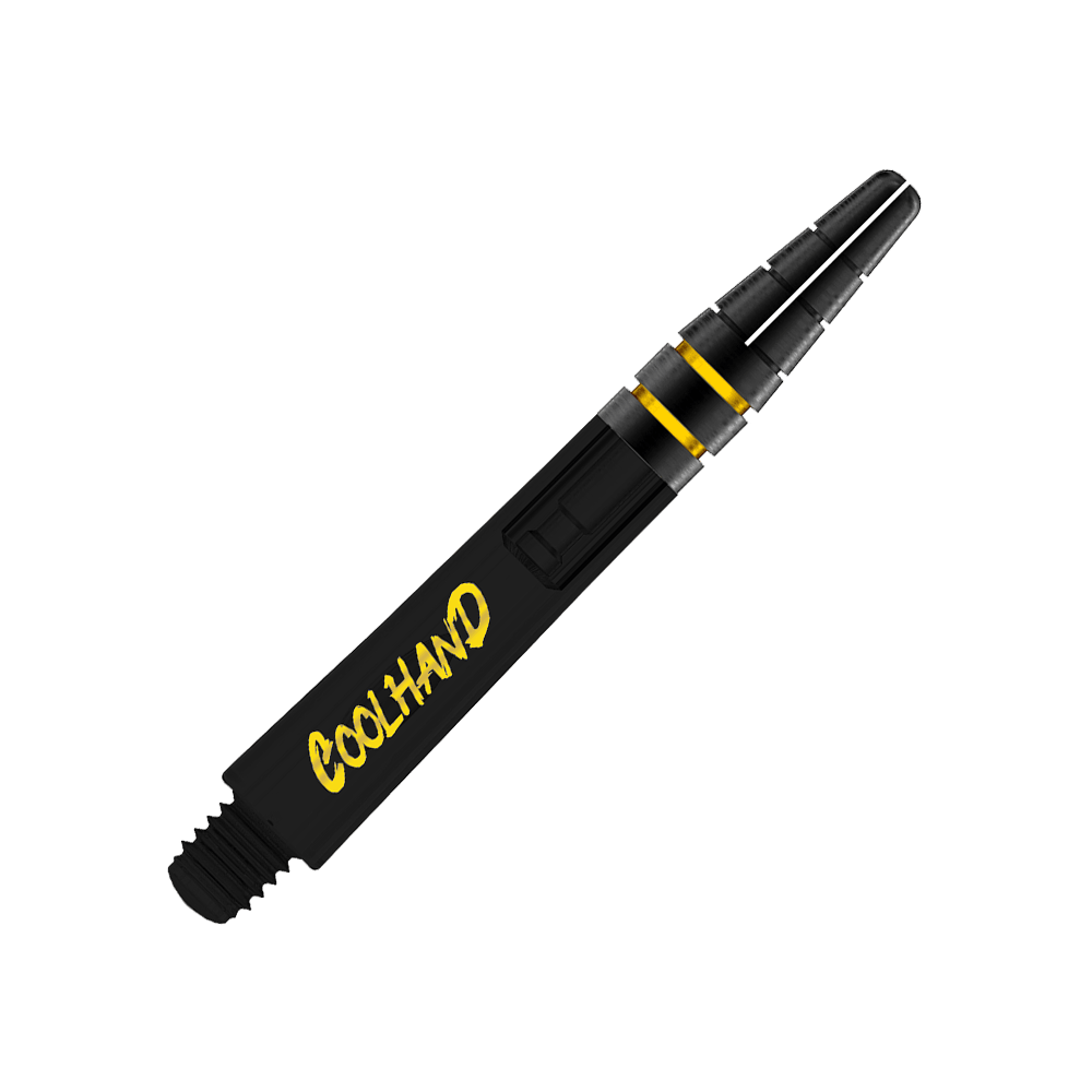 Red Dragon Nitrotech Luke Humphries Coolhand Shafts - Czarny Das Bild zeigt einen schwarzen Dart-Schaft mit gelben Akzenten. Auf dem Schaft steht das Wort "COOLHAND" in gelber Schrift.