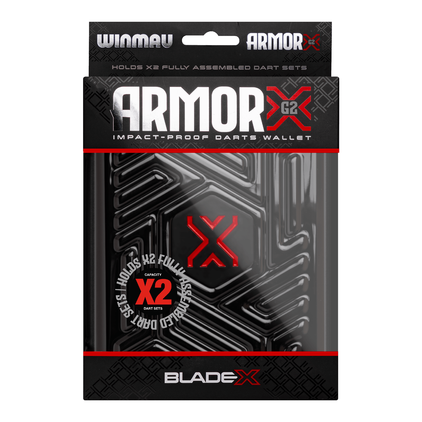 Gezeigt wird das Winmau Blade X Armor G2 Dartwallet. Die Tasche schützt Darts und Zubehör beim Transport und der Aufbewahrung.