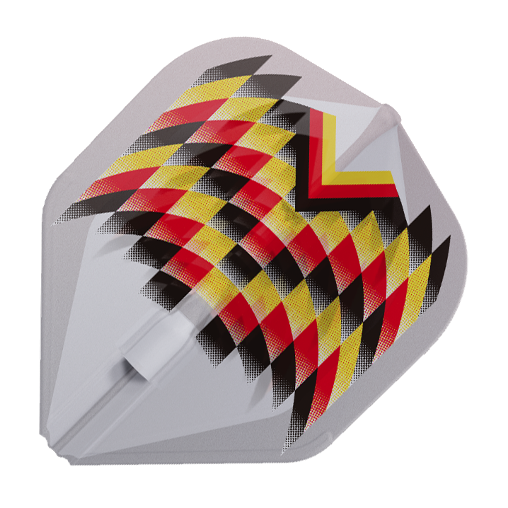 sL1EZ-Gabriel_Clemens_V2_LIMITED-CLW Das Bild zeigt ein Dartflight im weißen Design mit einem auffälligen Muster in Rot, Gelb und Schwarz. Es handelt sich um das „L-Style Gabriel Clemens V2 Clear White Signature Champagne L1EZ Flight“.