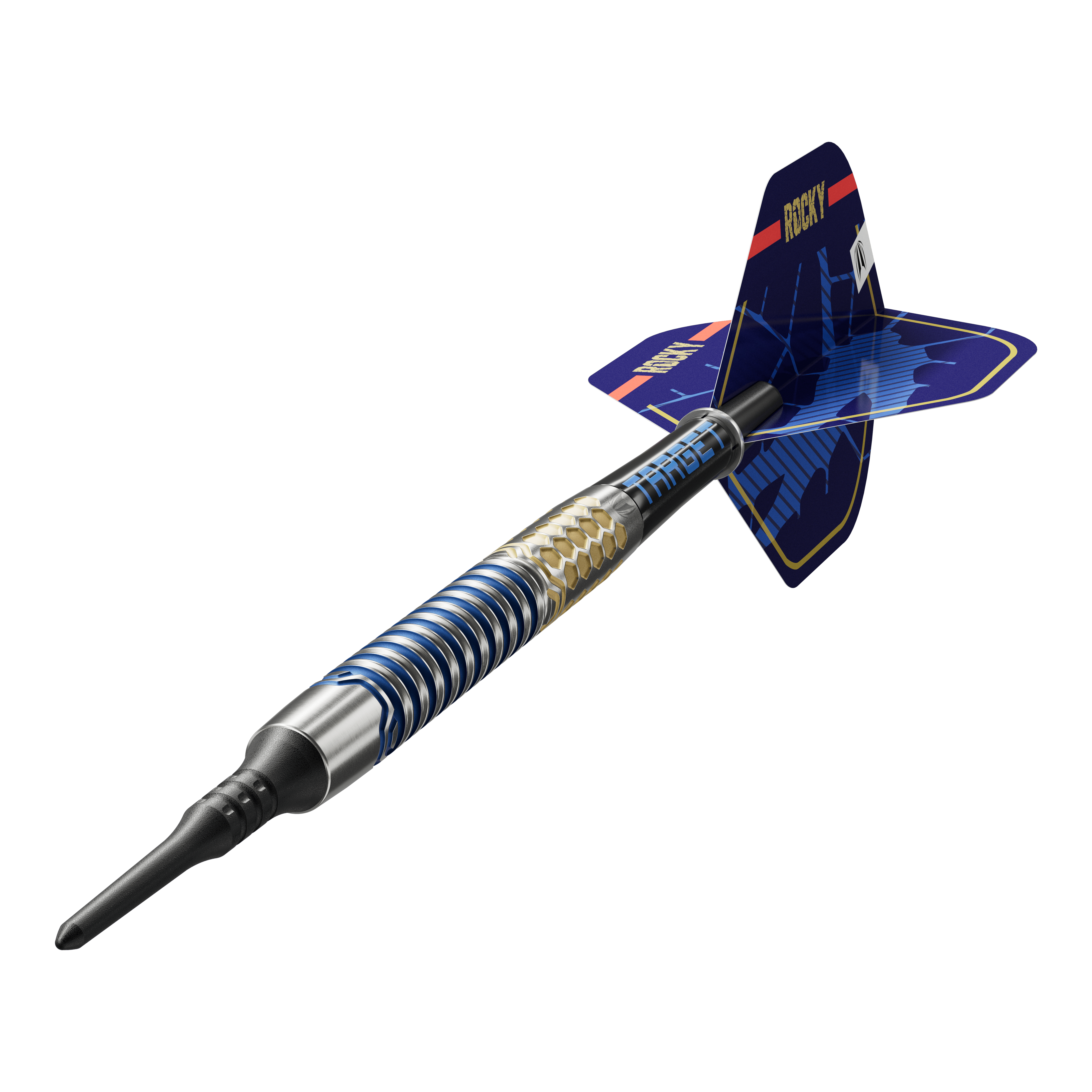 Target Josh Rock GEN1 Miękkie lotki - 20g Das Bild zeigt einen Target Josh Rock GEN1 Softdart mit einem Gewicht von 20g. Der Dart hat ein modernes, blau-silbernes Design mit auffälligen Flügeln.