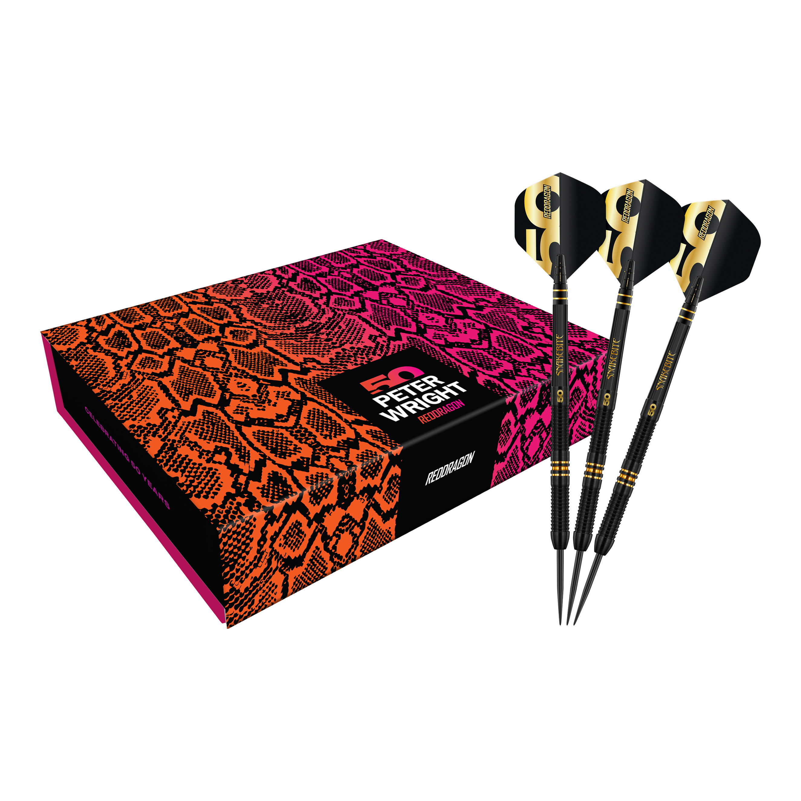 Red Dragon Peter Wright 50 Years Player Limited Edition Steeldarts - 21g. Das Bild präsentiert den limitierten Steeldartpfeil als vollständiges Set.