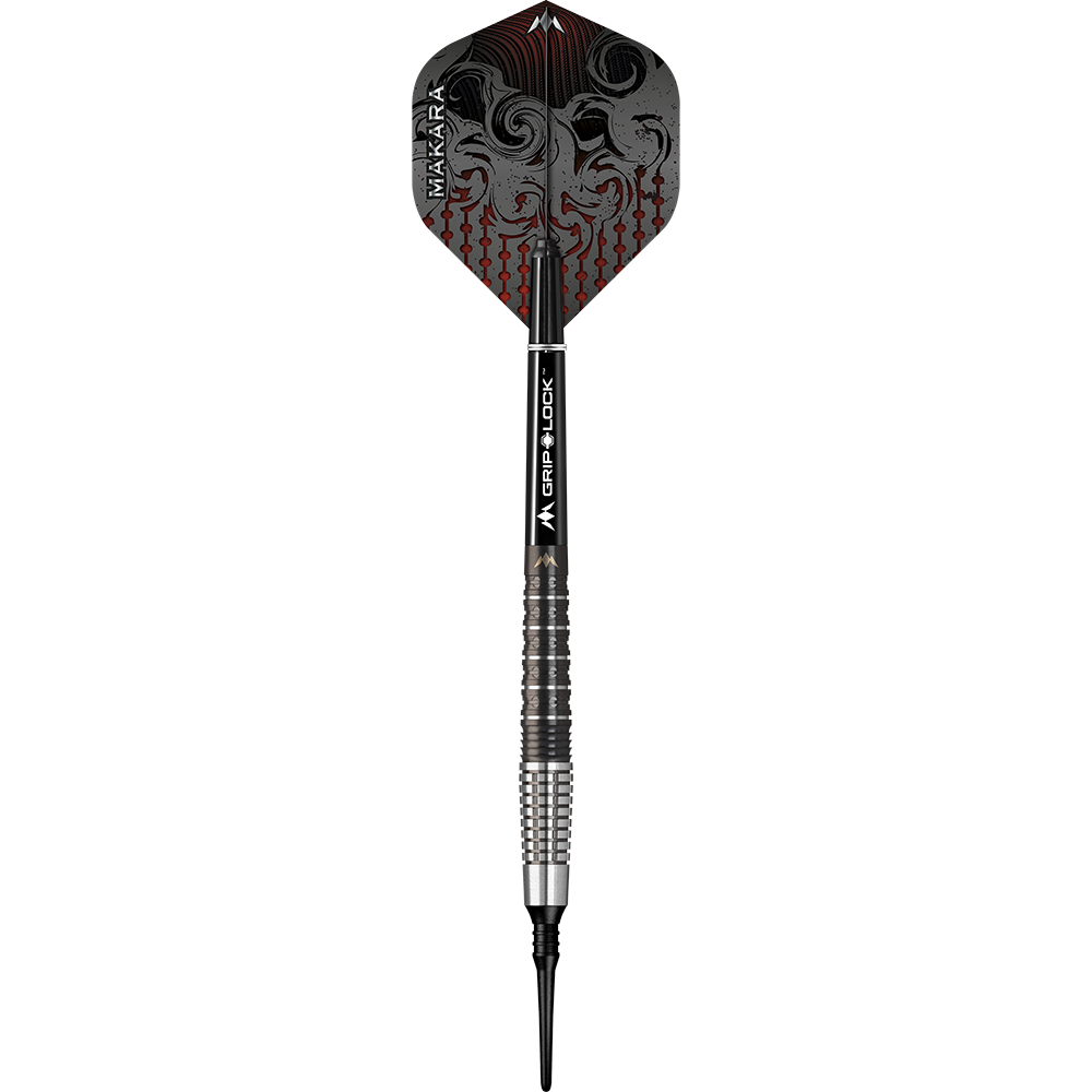 Das Bild zeigt einen Mission Makara M2 Softdart mit einem Gewicht von 20g. Der Dart hat ein auffälliges Flight-Design in Schwarz und Rot sowie eine geriffelte silber-schwarze Griffzone.
