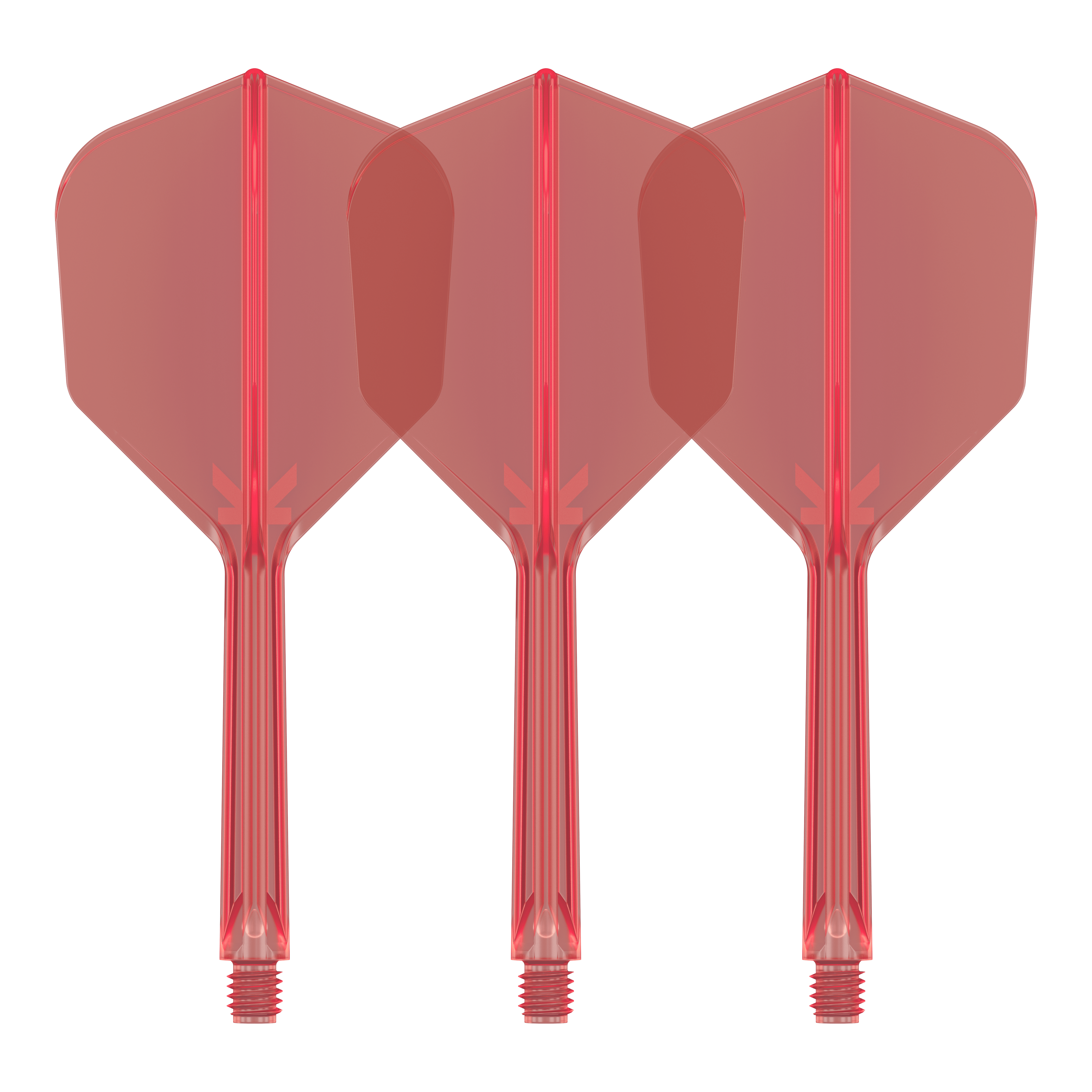 System lotu Target K-Flex No6 - czerwony Auf dem Bild sind drei rote Dart-Flights mit integrierten Schäften zu sehen. Sie stehen nebeneinander und sind identisch gestaltet.