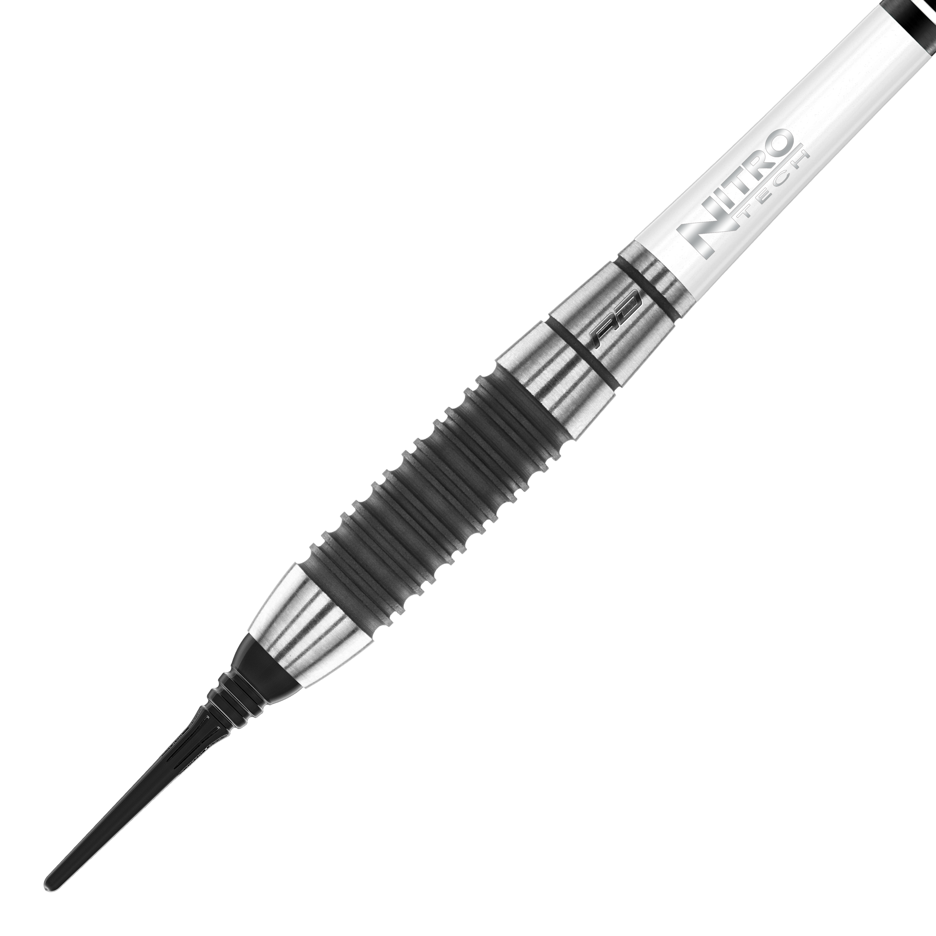 Das Bild zeigt einen Red Dragon Ikon 2 Softdart mit einem Gewicht von 20 Gramm. Der Dart hat ein silbernes und schwarzes Rillendesign mit einer schwarzen Softspitze.