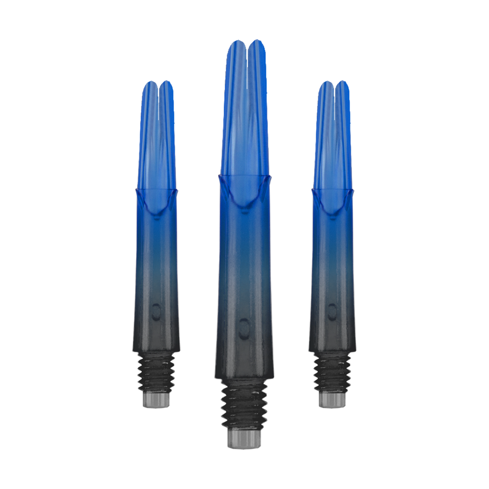 Dwukolorowe wałki L-L-Style-Shaft Locked Straight Natural9 - niebieskie Das Bild zeigt drei gerade Dartschäfte mit einem Farbverlauf von Schwarz zu Blau. Sie haben Gewinde am unteren Ende und sind ohne Kappen abgebildet.
