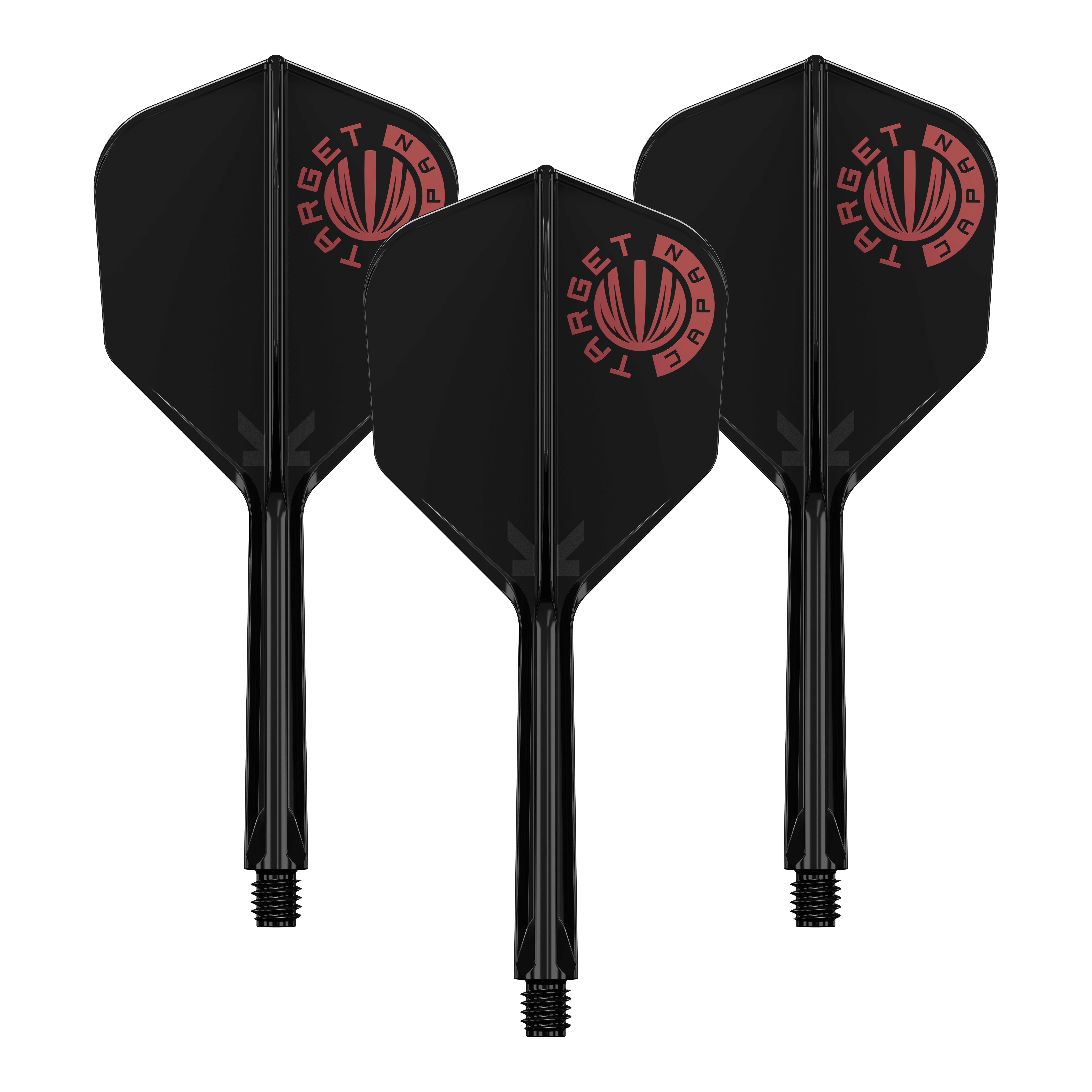 Auf dem Bild sind drei schwarze Dartflights mit integriertem Schaft zu sehen. Oben links auf jedem Flight befindet sich ein rotes Logo mit der Aufschrift "TARGET JAPAN".