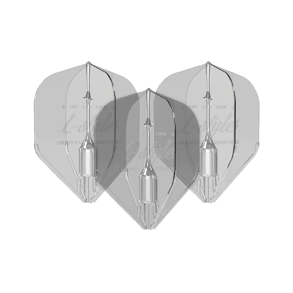 Loty L-Style Fantom L1EZ Jasne Das Bild zeigt drei transparente Dartflights des Modells "L-Style Fantom L1EZ Flights Clear". Die Flights sind klar und haben eine klassische Pfeilform.