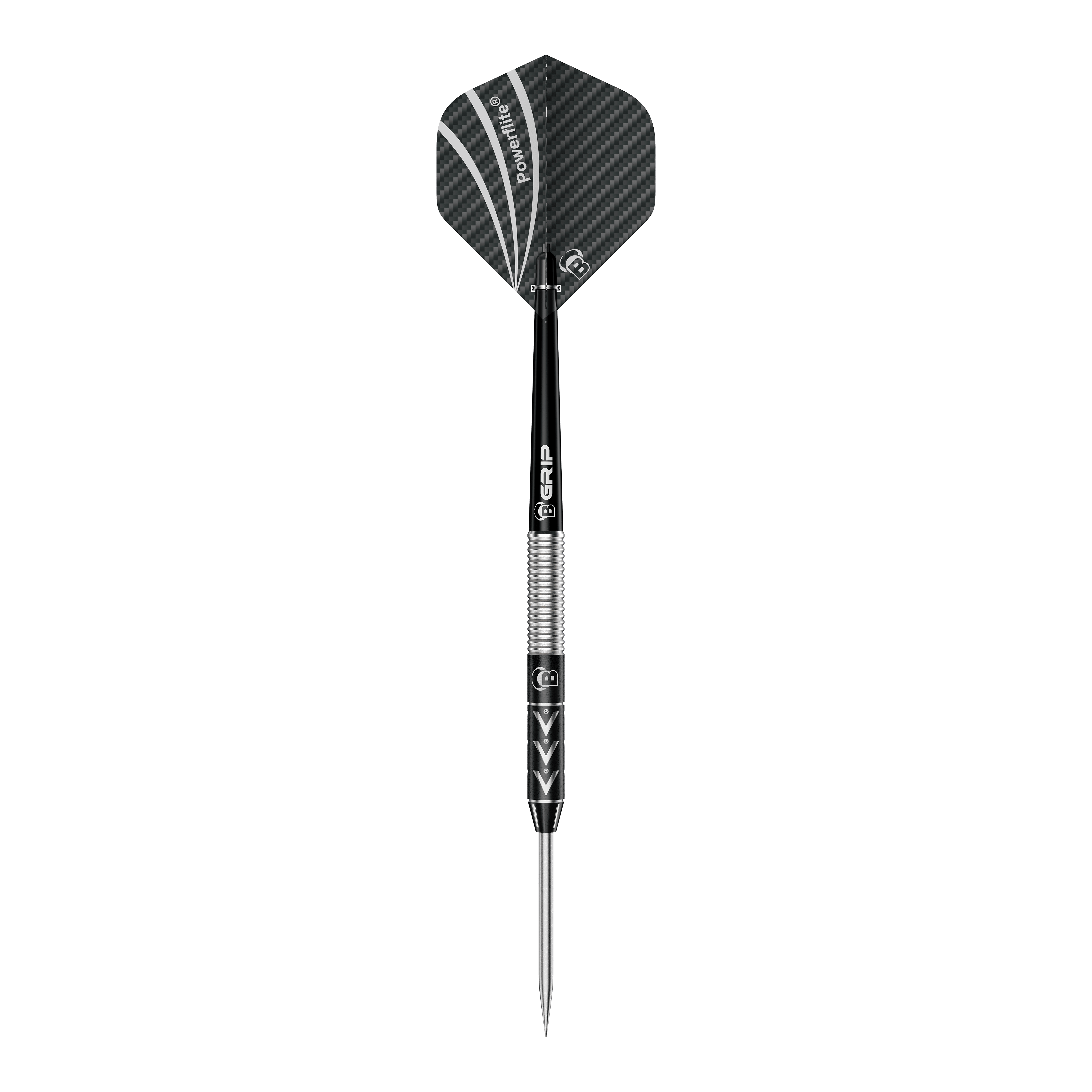 Rzutki stalowe Bulls Challenger Arno Merk - 22g Das Bild zeigt einen Steeldart namens "Bulls Challenger Arno Merk Steeldarts - 22g". Der Dartpfeil ist schwarz-silber und hat ein modernes Design mit strukturiertem Schaft und schwarzer Flight.