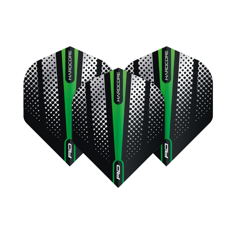 Das Bild zeigt drei Dart-Flights der Marke "Red Dragon Hardcore Radical Green Flash Standard Flights". Die Flights sind schwarz mit grünen und weißen Designelementen und haben einen modernen, auffälligen Look.