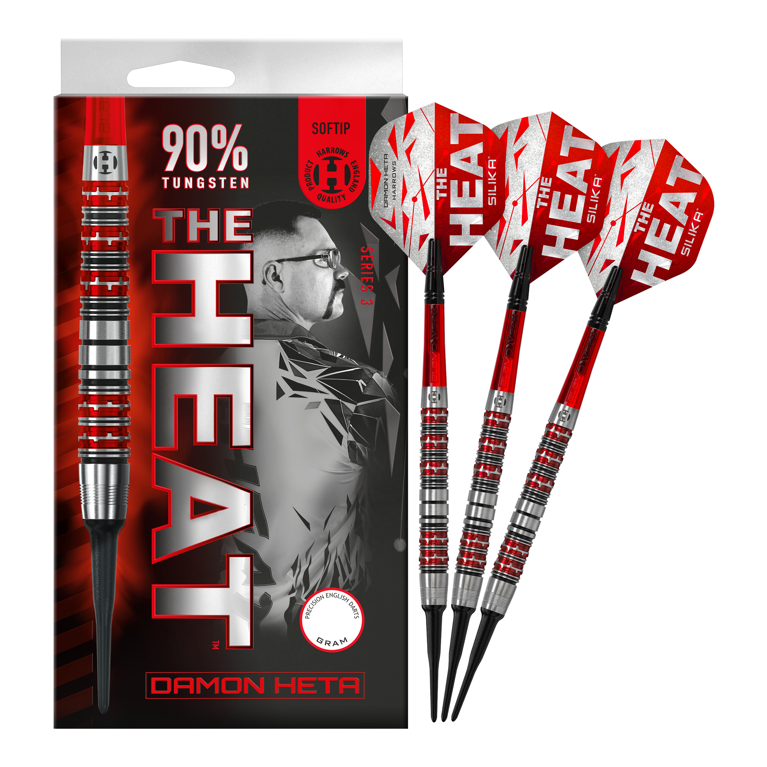 Harrow's Damon Heta Series 3 miękkie lotki Das Bild zeigt eine Packung Harrows Damon Heta Series 3 Softdarts mit drei Darts daneben. Die Darts sind silber und rot, und auf der Verpackung steht "THE HEAT" sowie "90% Tungsten".