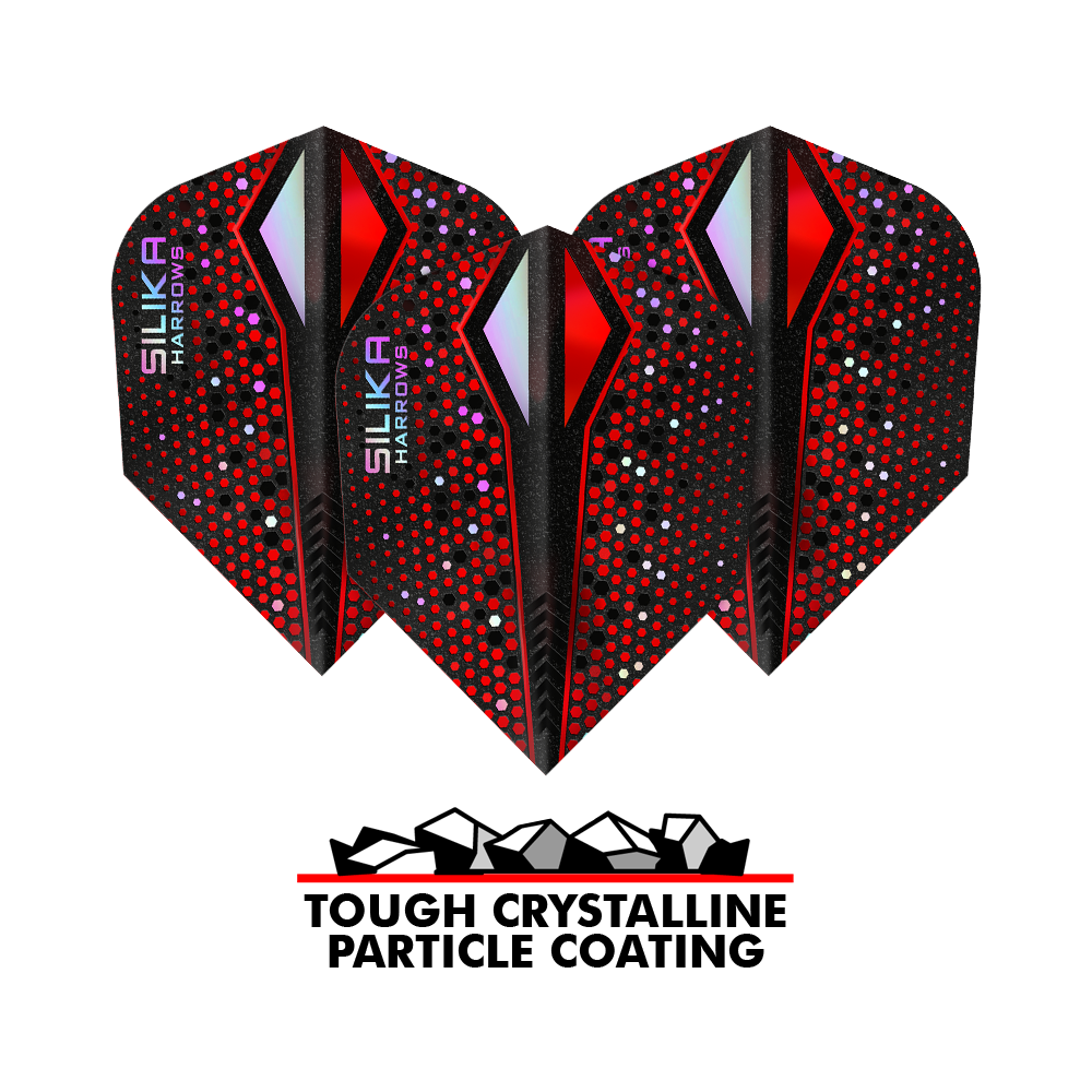 Powłoka krystaliczna Harrows Silika Colourshift Tough Crystalline Coating Red-X No6 Flights Das Bild zeigt drei Dart-Flights der Marke Harrows Silika Colourshift in Rot und Schwarz mit bunten Punkten. Unter den Flights steht der Text „Tough Crystalline Particle Coating“ mit einer Grafik von kleinen Kristallen.