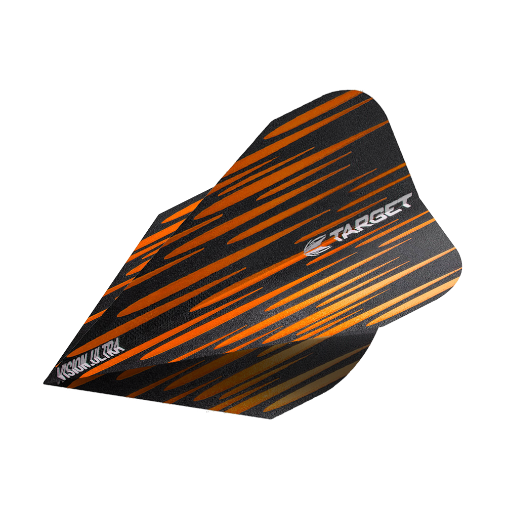 TG72_332380_Target_Vision_Ultra_Spectrum_Orange_Vapor_Flights_2 Das Bild zeigt ein Target Vision Ultra Spectrum Orange Vapor Flight. Das Flight ist schwarz mit orangefarbenen Streifen und dem Target-Logo bedruckt.