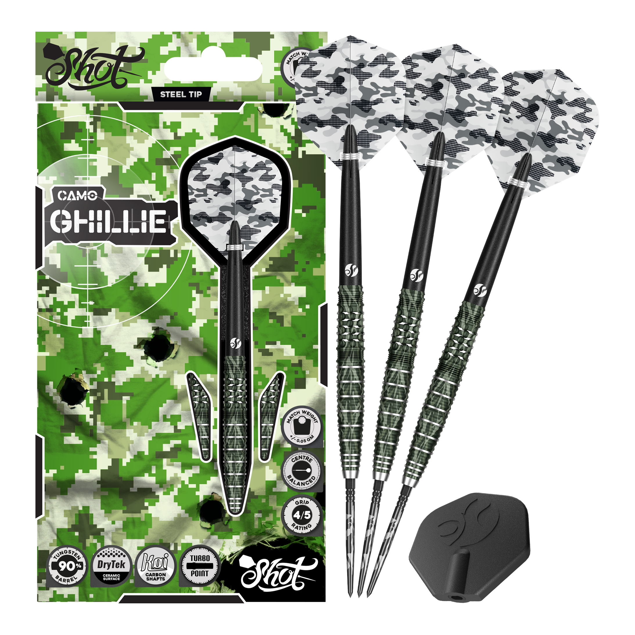 Shot Camo Ghillie Turbo Point Steeldarts mit 23 Gramm werden präsentiert. Die Steeldarts haben ein auffälliges Tarndesign.