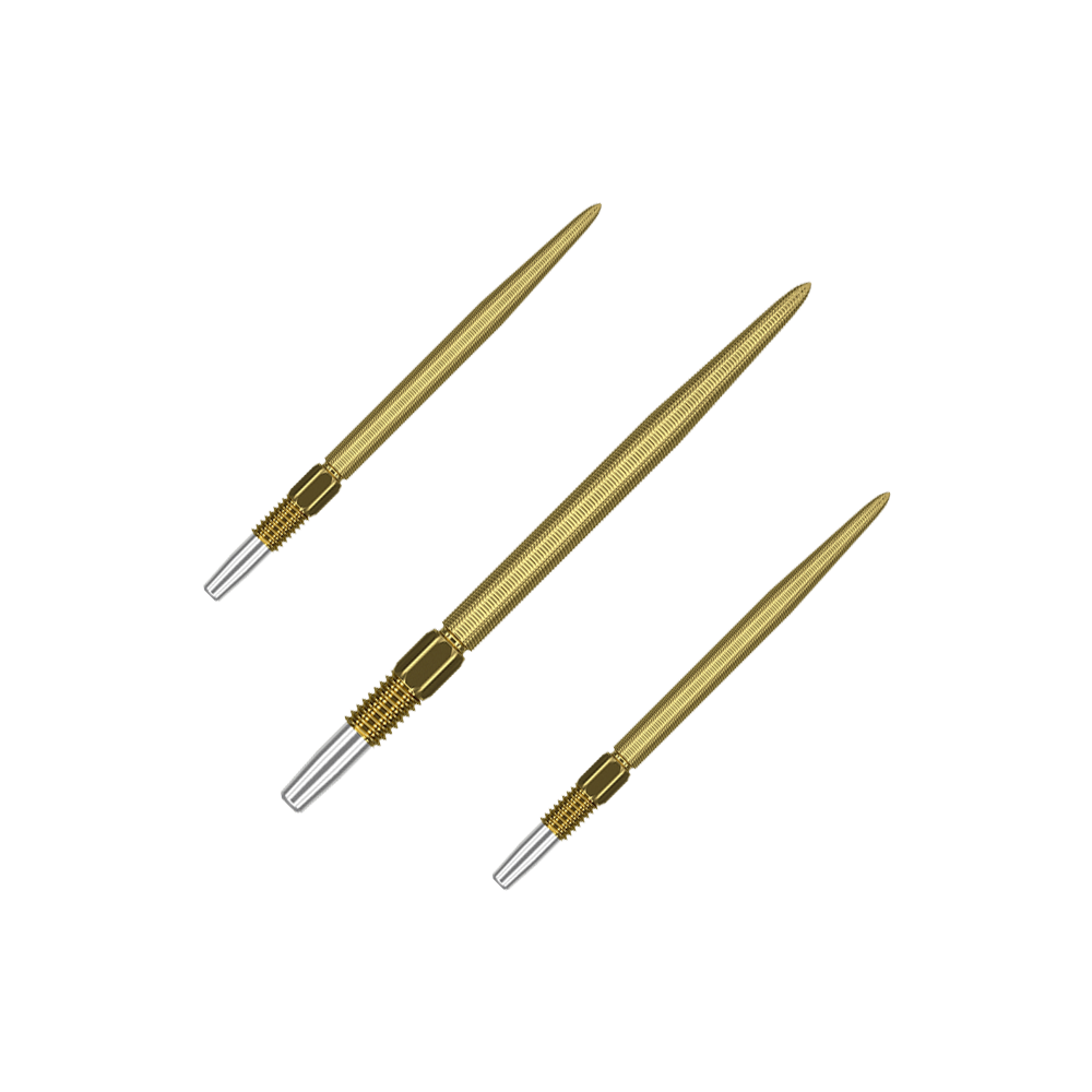 Target Swiss Point Nano Dart Tips - Złoto Auf dem Bild sind drei goldfarbene Dartspitzen zu sehen. Sie haben eine feine Riffelung und ein silbernes Schraubgewinde am Ende.