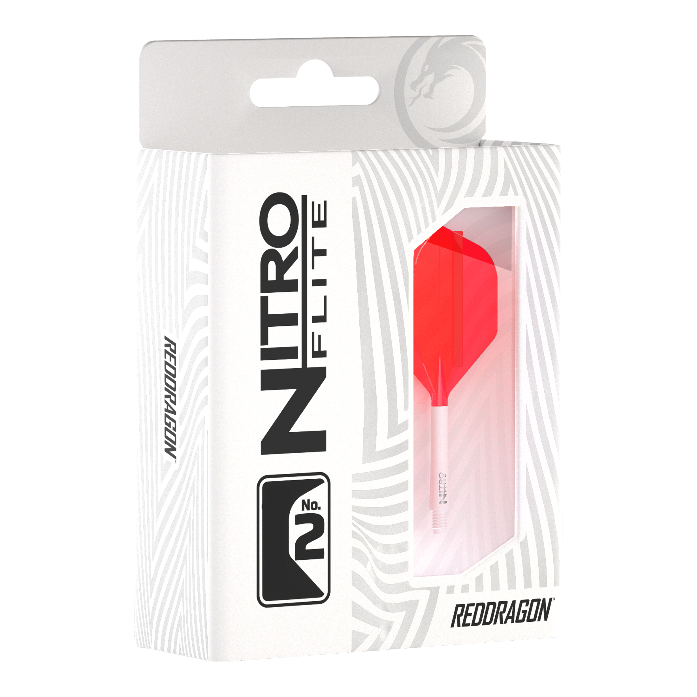 Das Bild stellt das Red Dragon Nitroflite Set mit weißen Schäften und roten Flights der Größe No2 dar. Das Zubehör unterstützt ein stabiles und genaues Wurferlebnis.