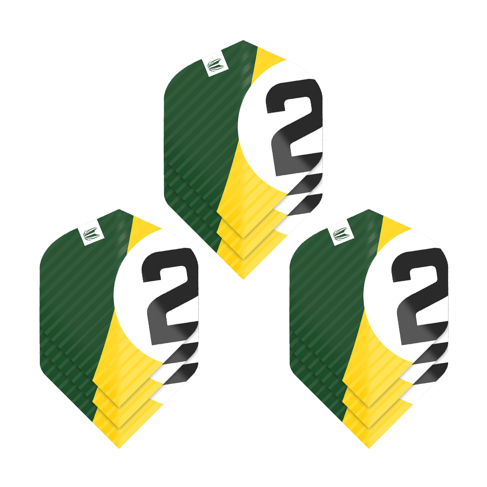 337207_Target_ProUltra_3Sets_Chicane_Green_Standard_Flights_1XKCR7hond5hby Das Bild zeigt drei Sätze Dartflights mit der Aufschrift „2“ in den Farben Grün, Gelb und Weiß. Die Flights sind vom Typ Target Pro Ultra Chicane Green No2 Standard.