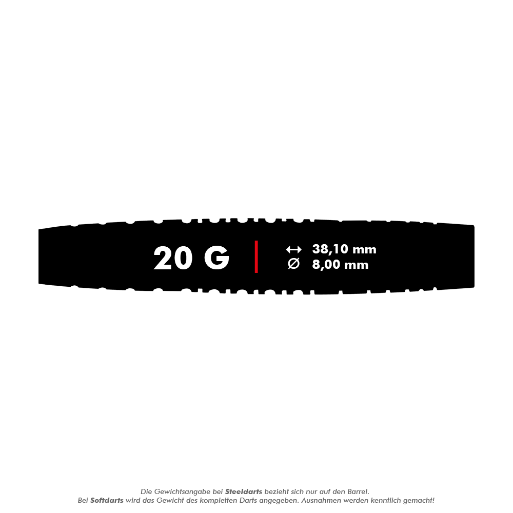Miękkie lotki Red Dragon Rifle - 20g Das Bild zeigt die Red Dragon Rifle Softdarts mit einem Gewicht von 20 Gramm. Die Maße sind 38,10 mm Länge und 8,00 mm Durchmesser.