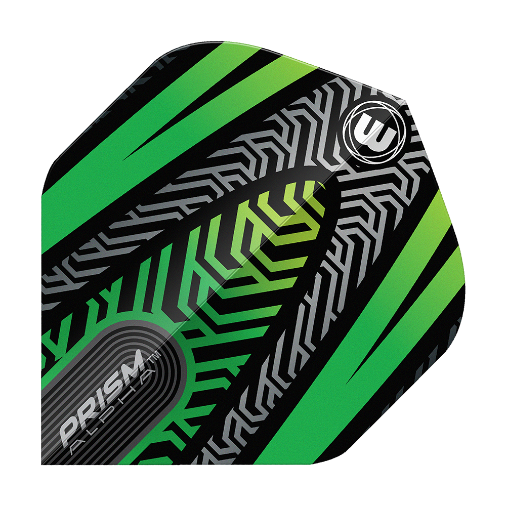 Winmau Prism Alpha Black Green No. 2 Standard Flights Das Bild zeigt ein Winmau Prism Alpha Schwarz Grün No2 Standard Flight. Das Design ist schwarz mit grünen und silbernen Mustern sowie dem Winmau-Logo.