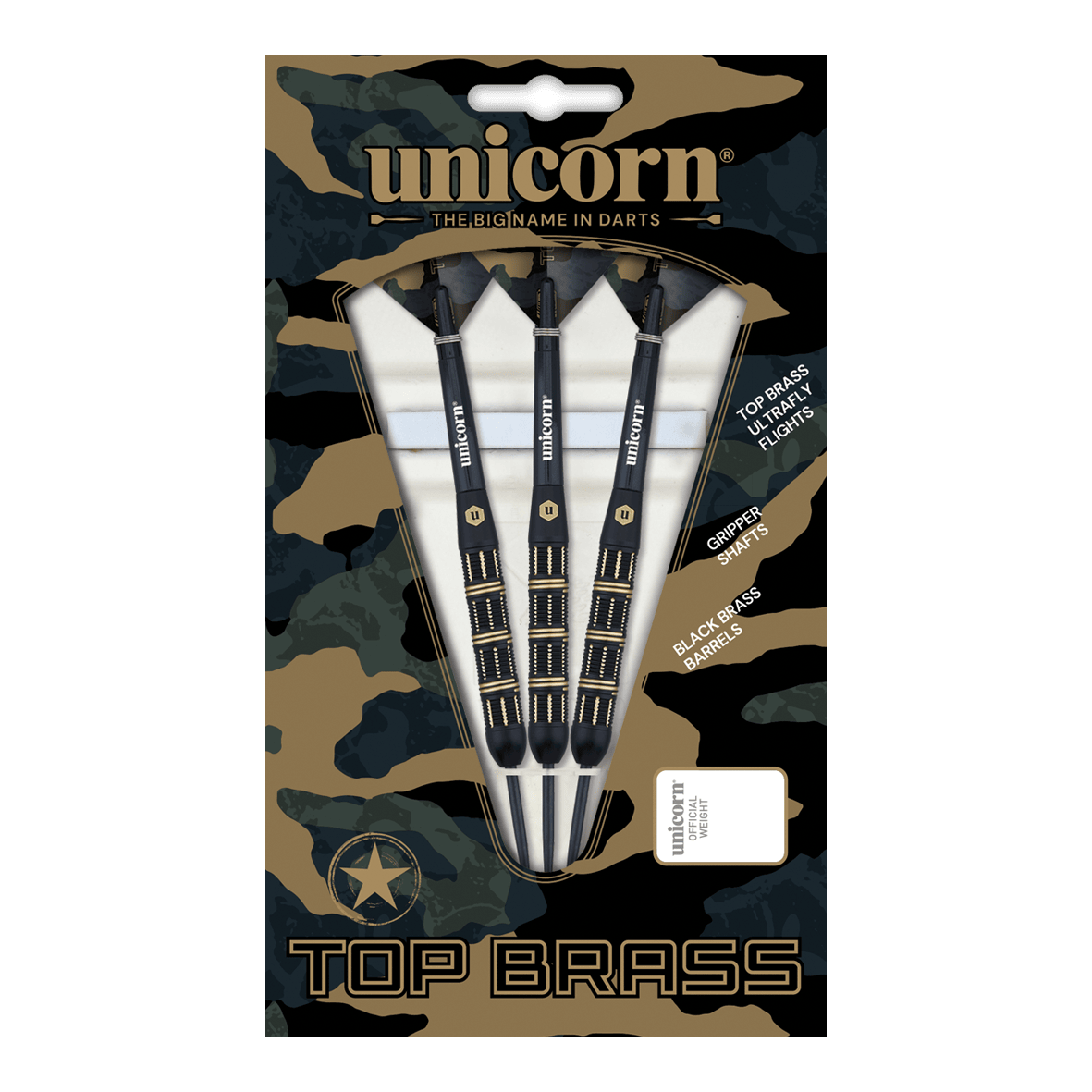 Unicorn Top Brass V3 Steeldarts - 21g Auf dem Bild ist das Produkt „Unicorn Top Brass V3 Steeldarts - 21g“ zu sehen. Die Verpackung enthält drei schwarze Darts mit goldenen Akzenten und weiß-schwarzen Flights.