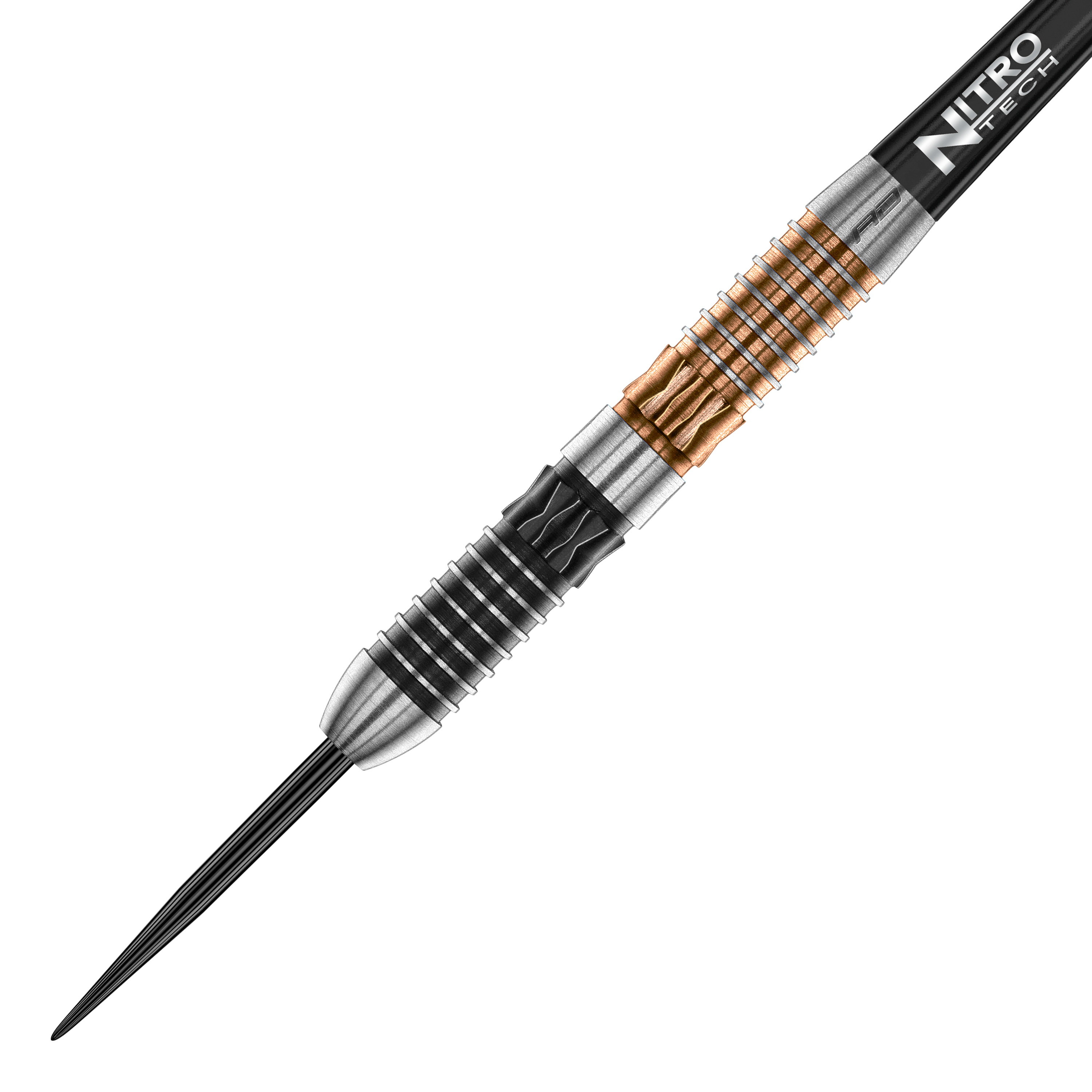 Stalowe lotki Red Dragon Panterra Das Bild zeigt einen Red Dragon Panterra Steeldart. Der Dartpfeil hat ein auffälliges Design mit silbernen, schwarzen und goldenen Rillen am Barrel.