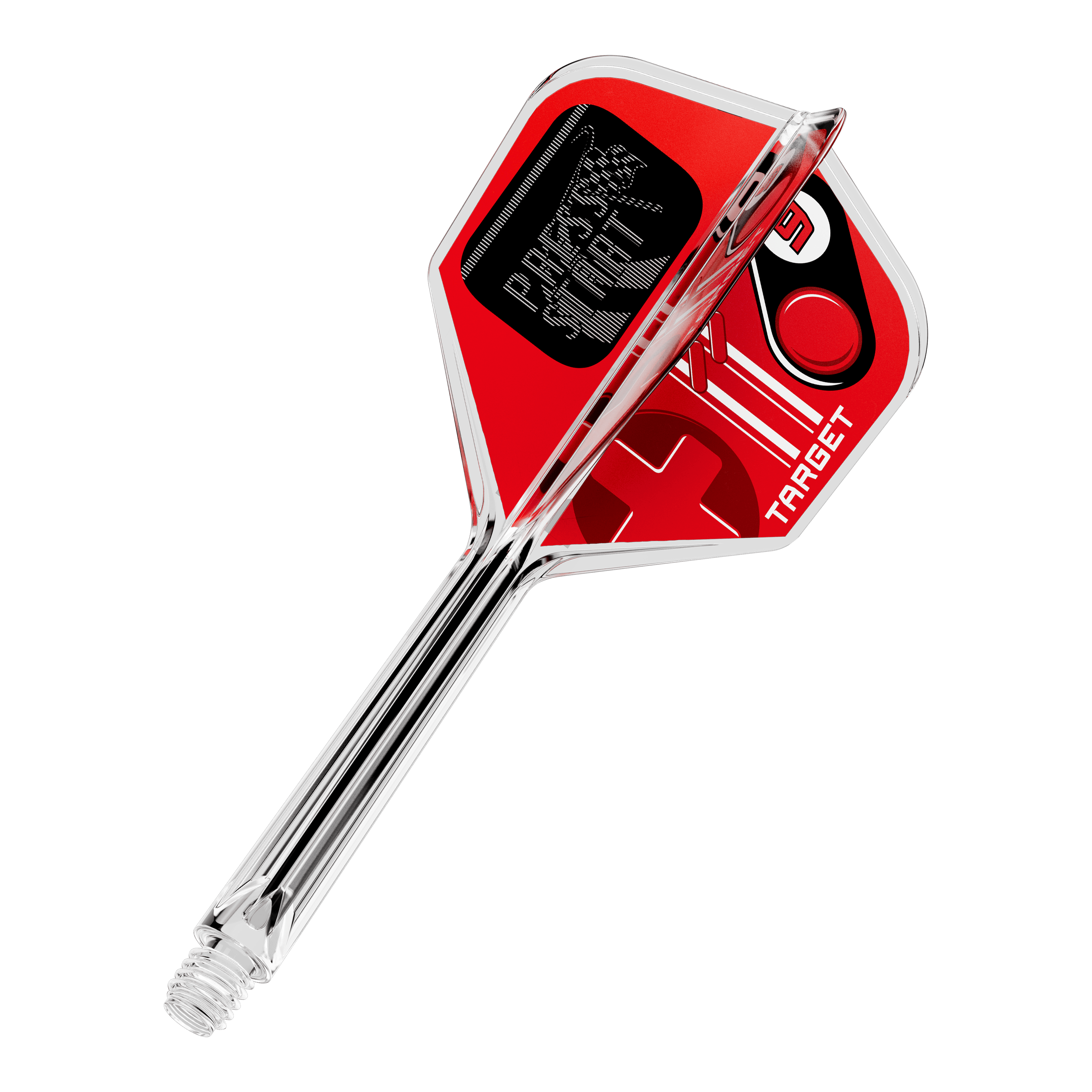 Gezeigt wird ein einzelner Dart Flight mit dem Namen 410584 Target K-Flex PressStart No6 33mm. Dieses Produkt dient als Aufsatz für Dartpfeile.