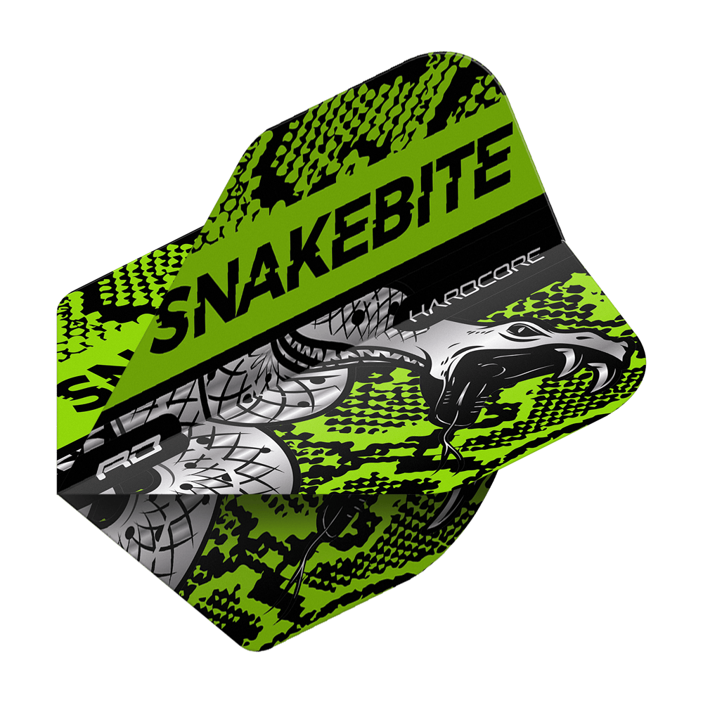 Das Bild zeigt einen Dartflight mit auffälligem grün-schwarzen Schlangenmuster. Auf dem Flight steht groß "SNAKEBITE" und es ist eine gezeichnete Schlange zu sehen.