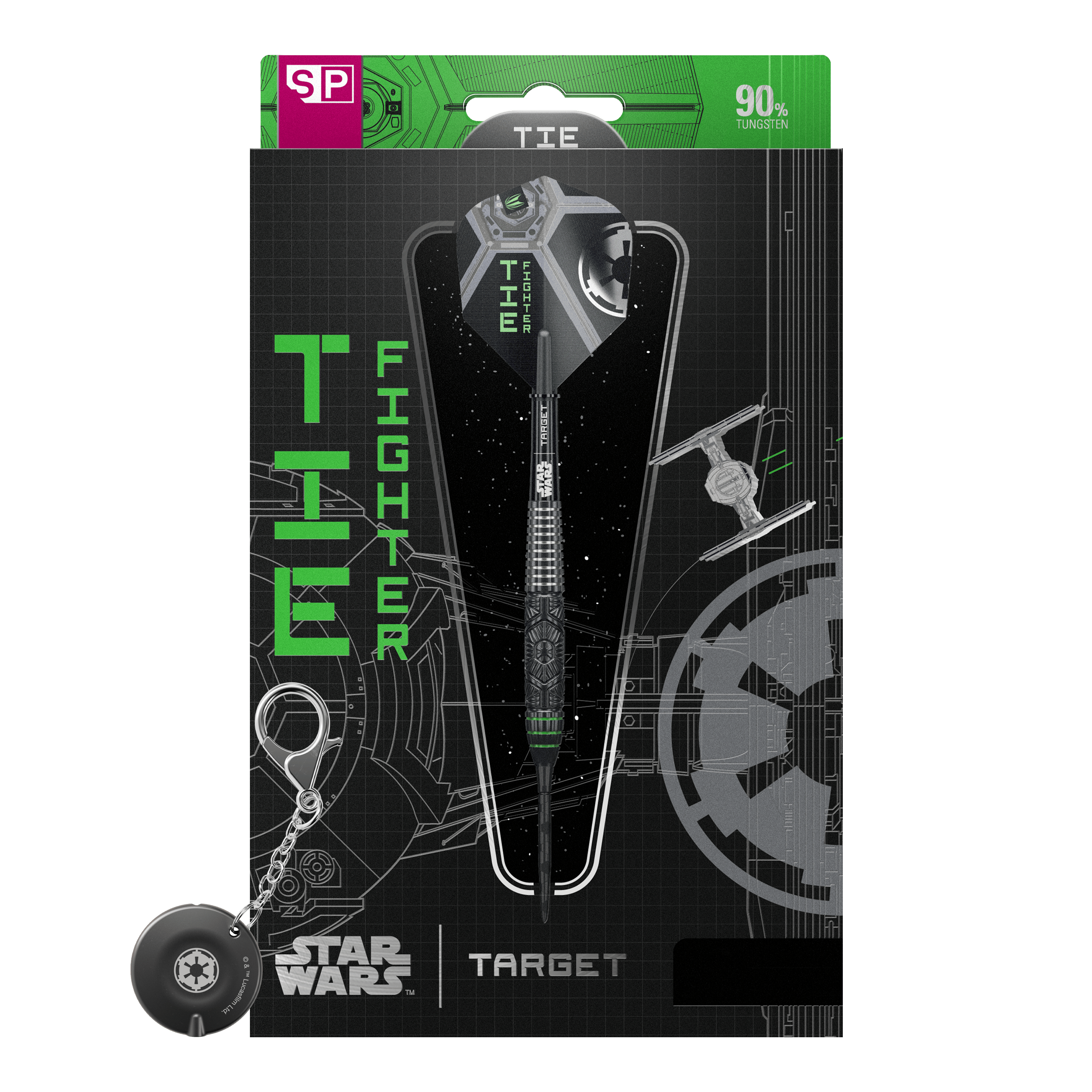 Abgebildet ist das Produkt Target Star Wars Tie Fighter Swiss Point Steeldarts. Das Produkt ist speziell für Fans von Star Wars und Dartspielern geeignet.
