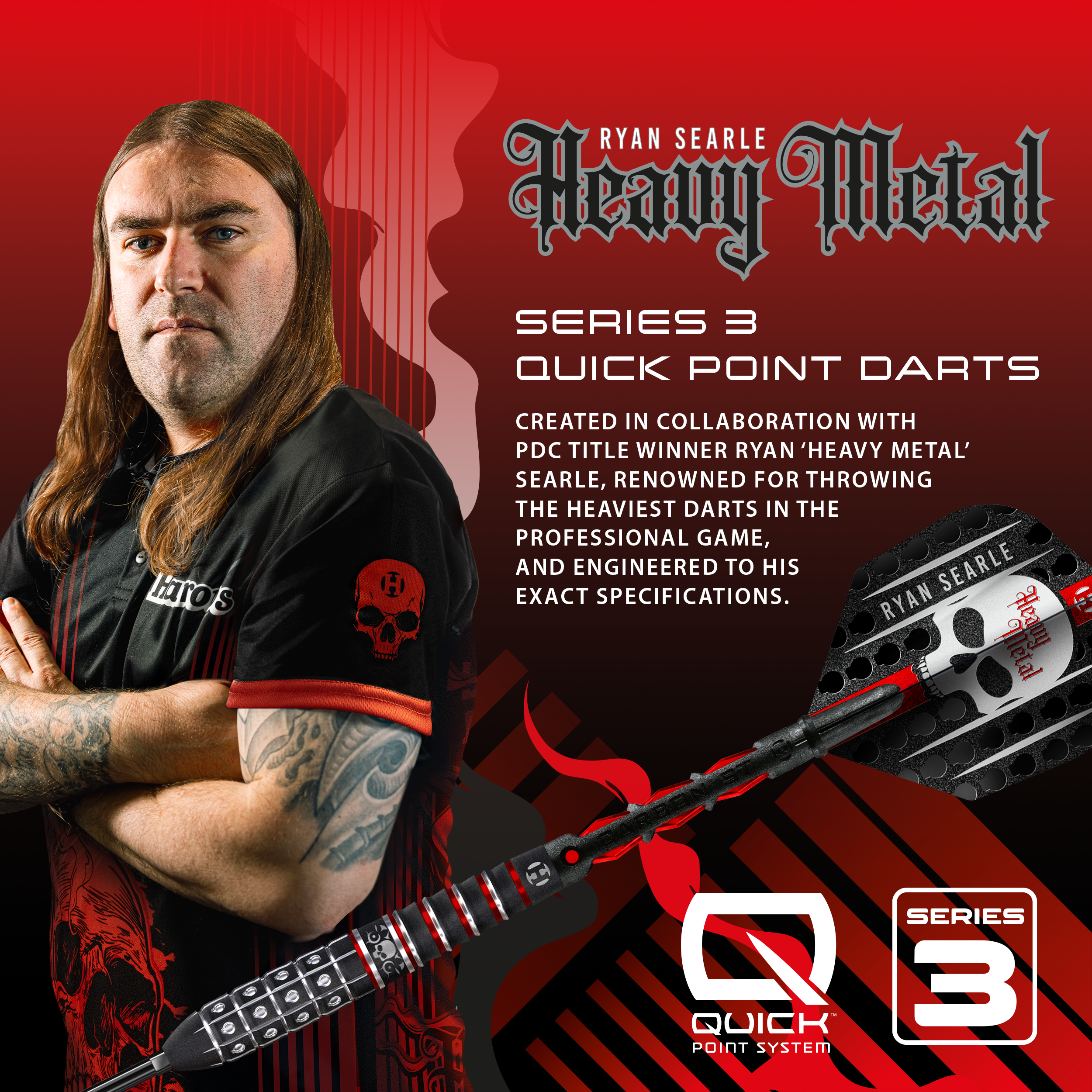 Dieses Bild zeigt die Harrows Ryan Searle Series 3 Quick Point Steeldarts. Die Steeldarts sind für professionelle Dartspieler geeignet.