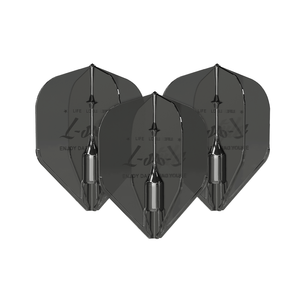 Lotki w stylu L Fantom L1EZ w kolorze czarnym Das Bild zeigt drei schwarze L-Style Fantom L1EZ Flights für Darts. Die Flights sind nebeneinander angeordnet und verfügen über ein glänzendes, modernes Design.