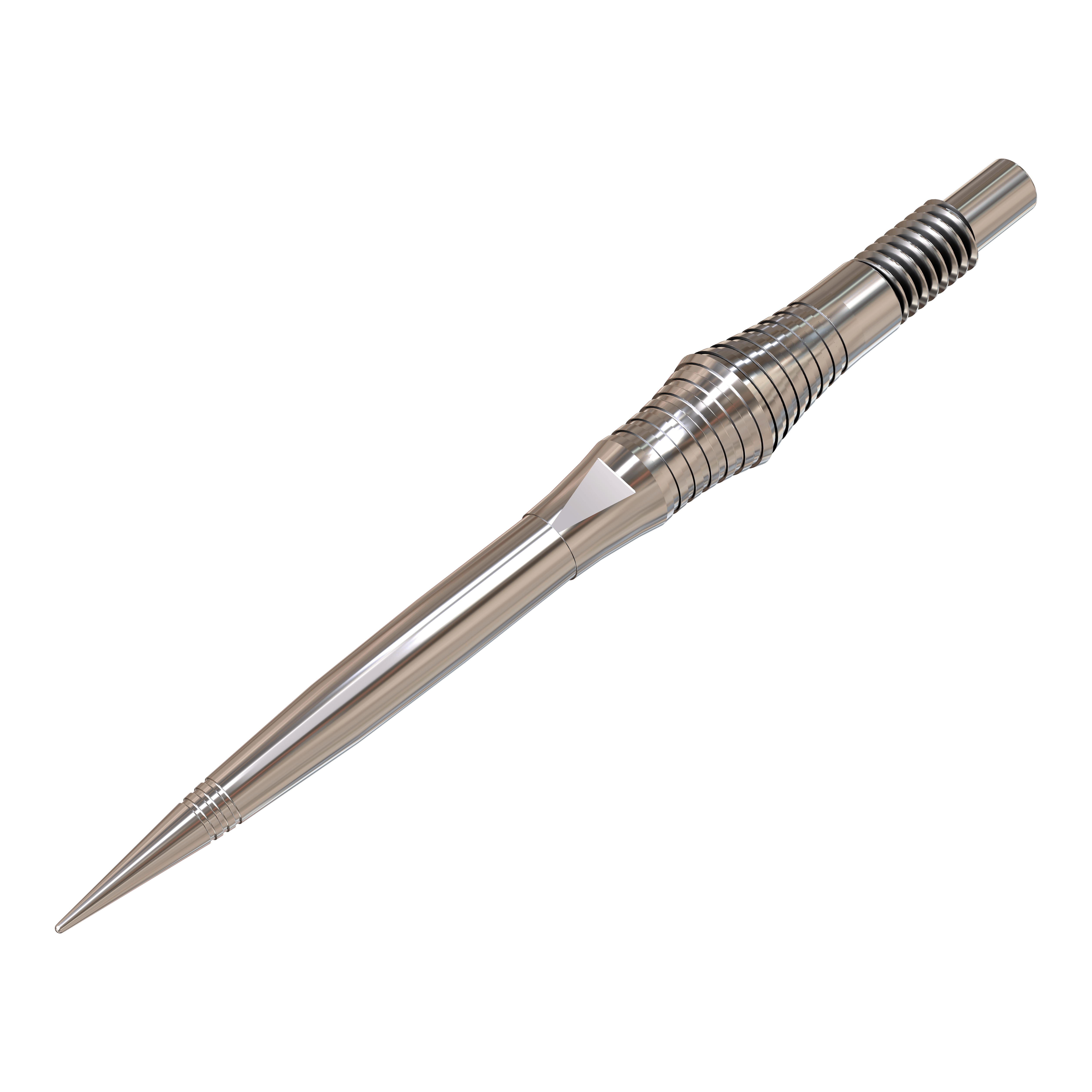 Końcówki do lotek Harrows Quick Point Spire Elite Series – srebrne Auf dem Bild sind einzelne silberne Dartspitzen zu sehen. Sie sind groß abgebildet und deutlich dargestellt.