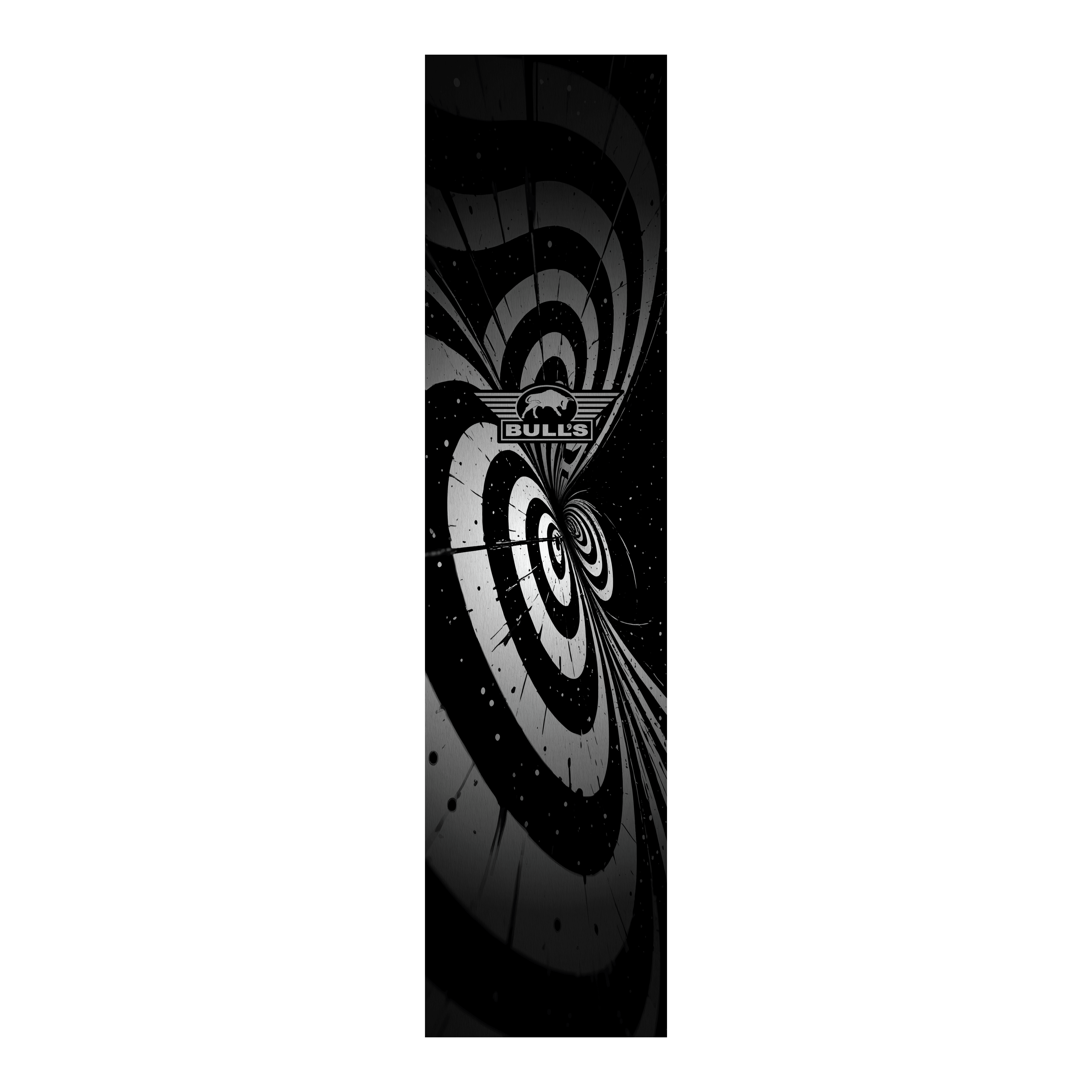 Das Bild zeigt einen schwarz-weißen Dartteppich mit einem auffälligen Illusionsmuster. In der Mitte befindet sich das Logo von BULL'S.